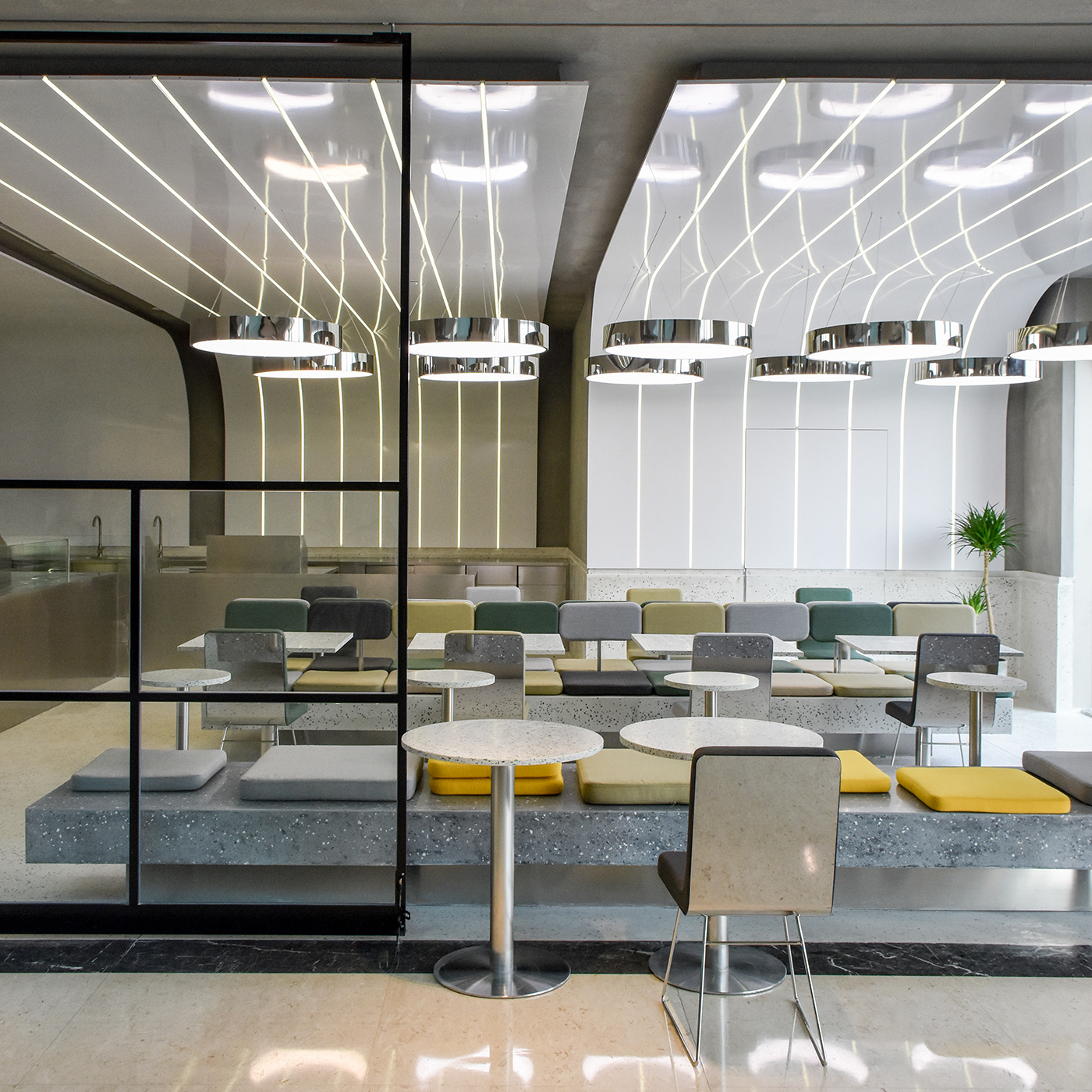 main facade, ramoprimo, design, terrazzo, food, court, platform, stools, ceiling, metal, terrazzo, benches, bar area