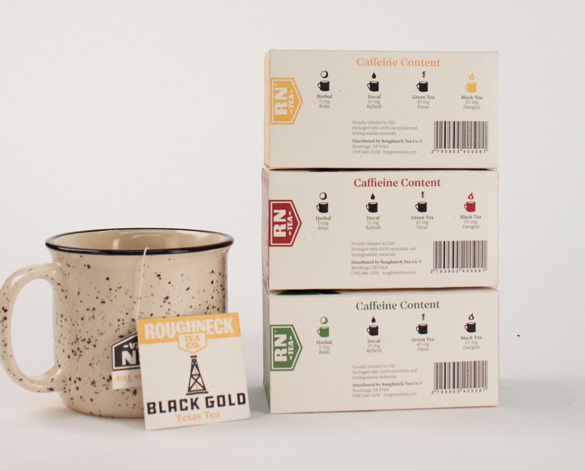 The bottom side of each box, including caffeine content infographic