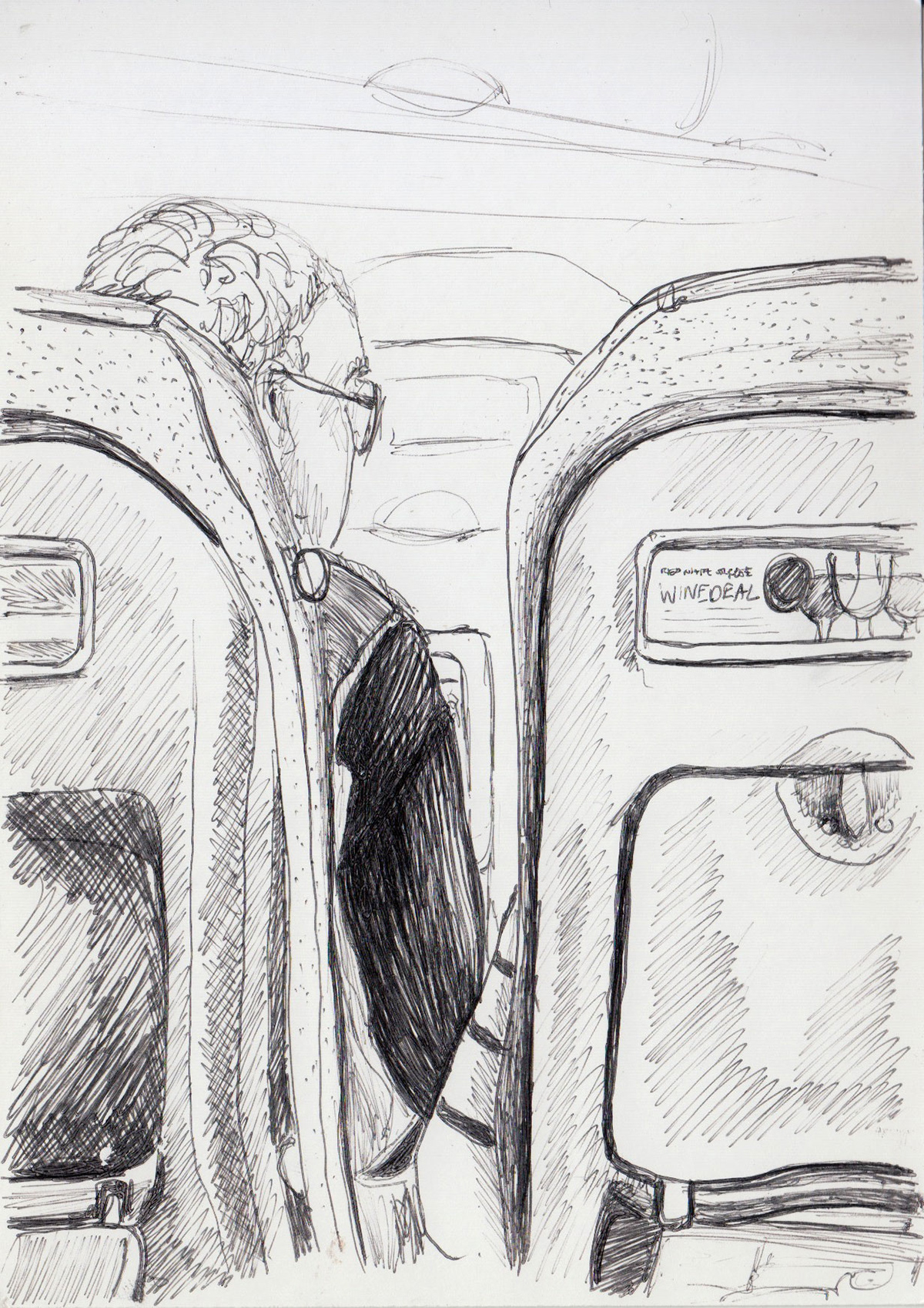 On the plane - 2017, biro on postcard, A6 £10