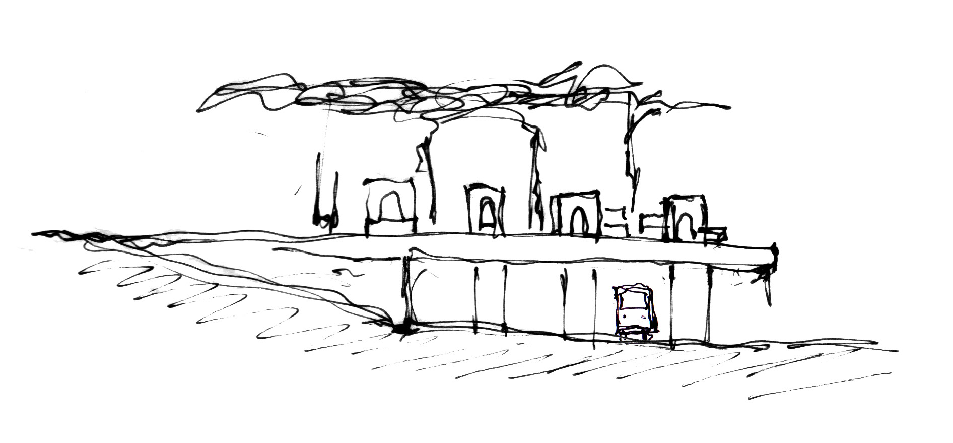 Transit Station Parti Sketch - Ink on White Trace Paper 3"x4"