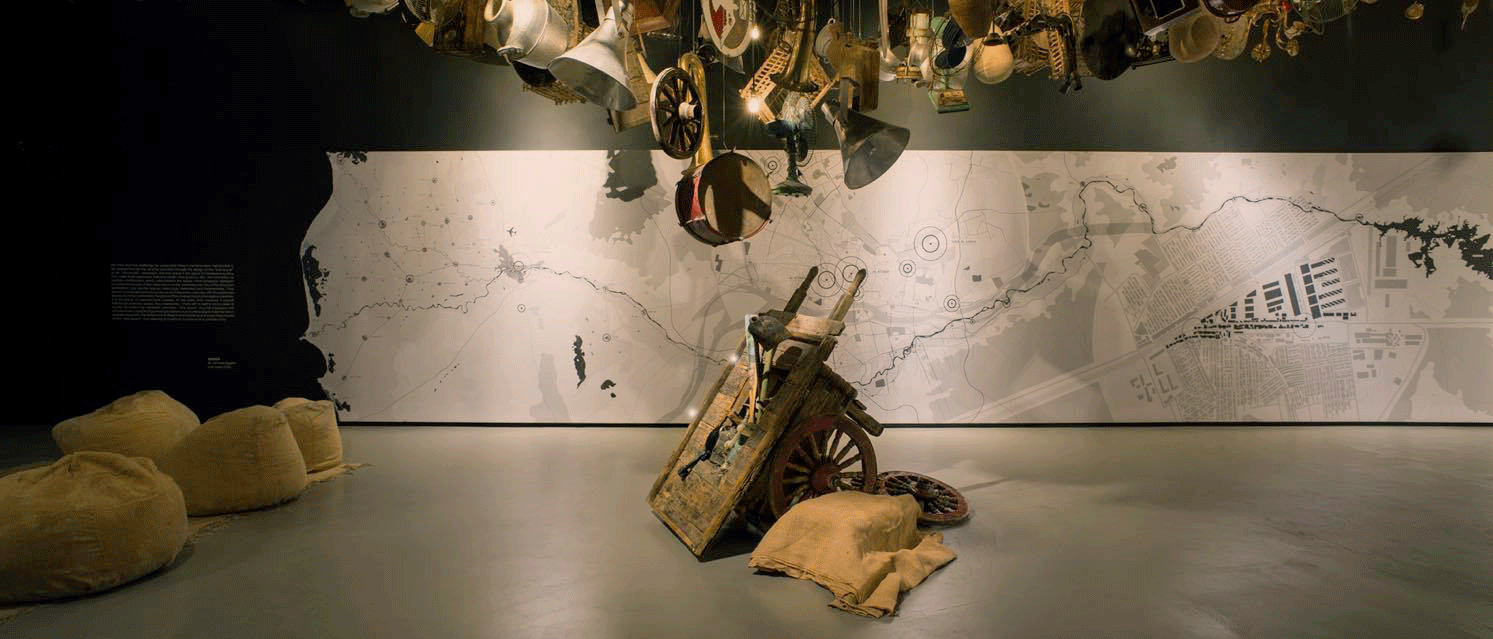 The Egyptian Pavilion for the Venice Biennale 2018 showing everyday objects hanging from the ceiling collected from informal markets in Cairo