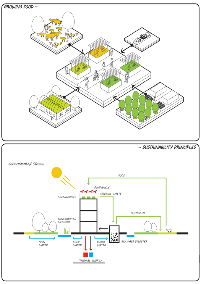 Local food growing and community farmers market. Sustainability principles section diagram, ecologically stable masterplan