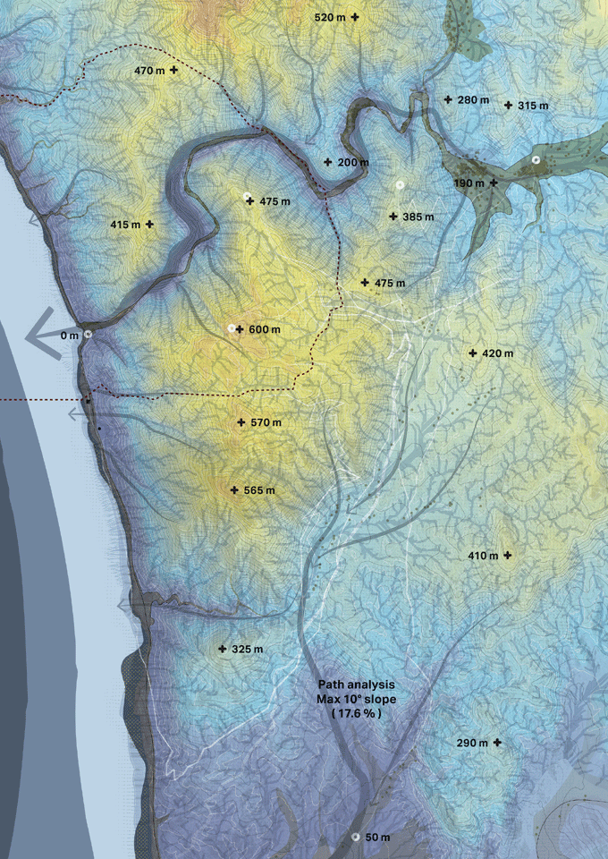 Terrain height and storm water flow analysis of mountain terrain with wadi along the coast
