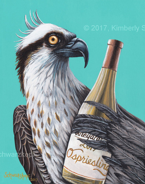 Painting of a Osprey with a Bottle of Ospriesling (Reisling)