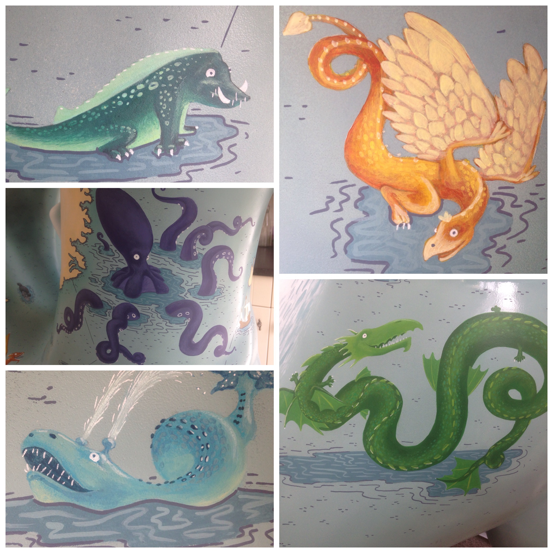 A selection of illustrated sea monsters by Fiona Gowen. They were painted on GoGo Dennis the dragon as part of the Norwich 2015 GoGoDragons project for Break Charity