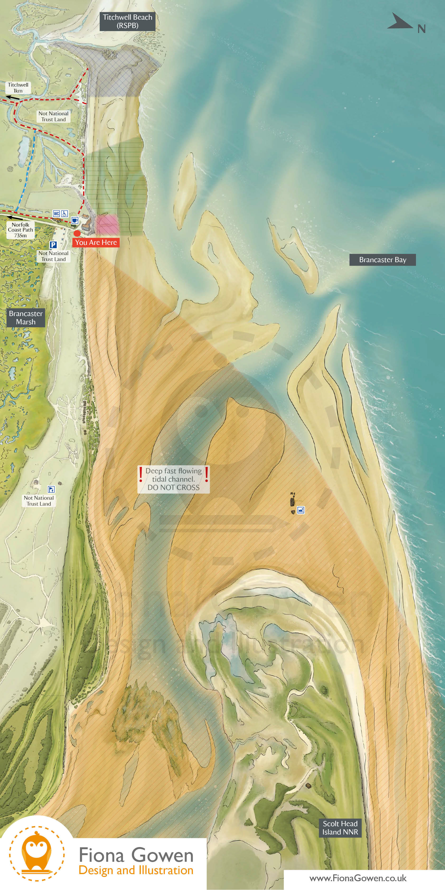 Illustrated map for National Trust Brancaster Beach by Norfolk illustrator Fiona Gowen
