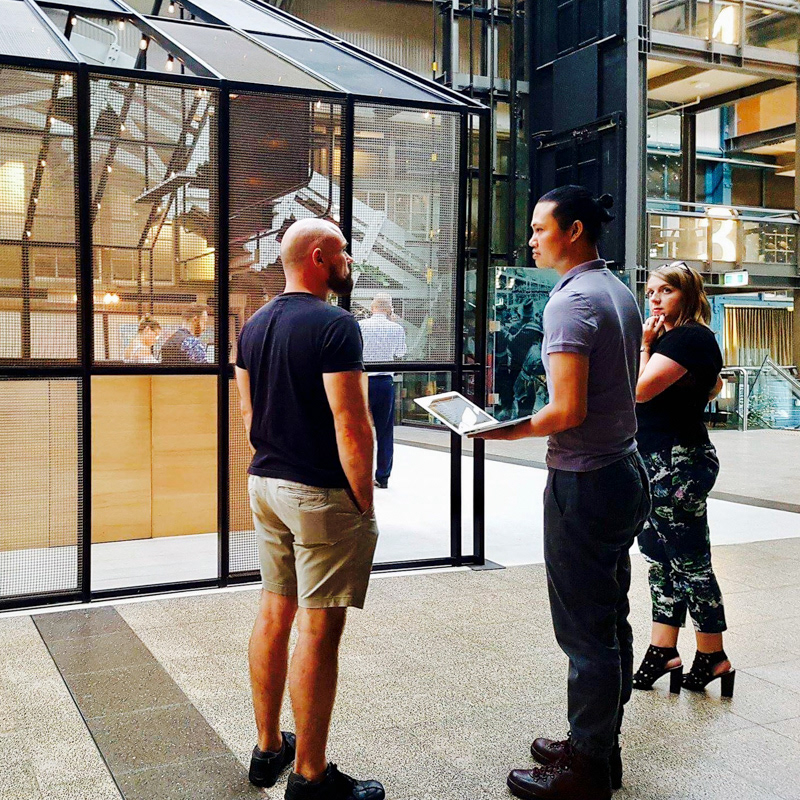 Pre-production meeting with Ovolo Hotel Woolloomooloo art manager, Gatsby Sam, prior to the launch of Markham Lane's 10-year retrospective art exhibition, 'Colours of Our Community' in February 2017.