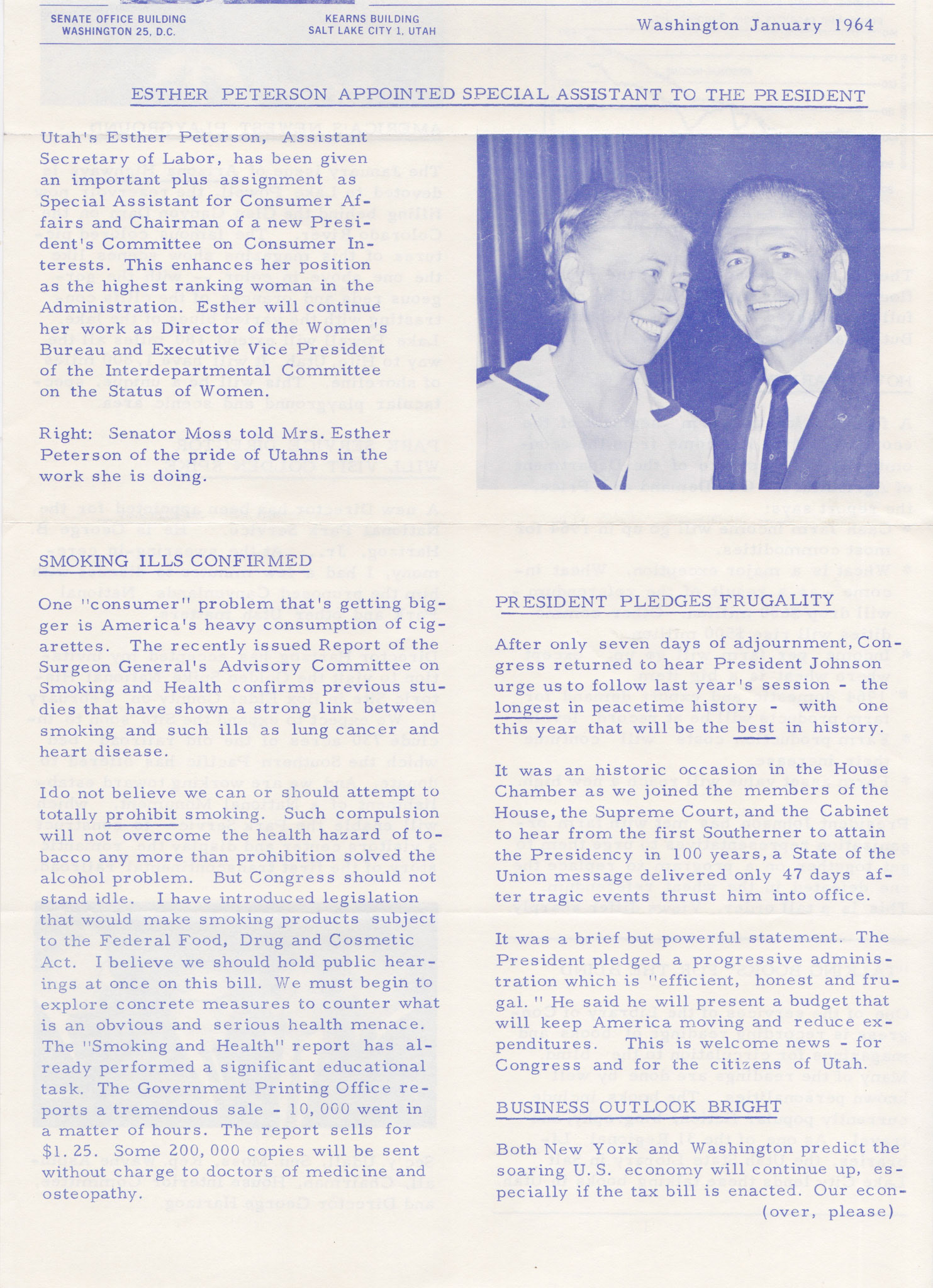 Senator Frank E. Moss report, Jan. 1964, bottom of page 1. Bernice Gibbs Anderson Collection, NPS