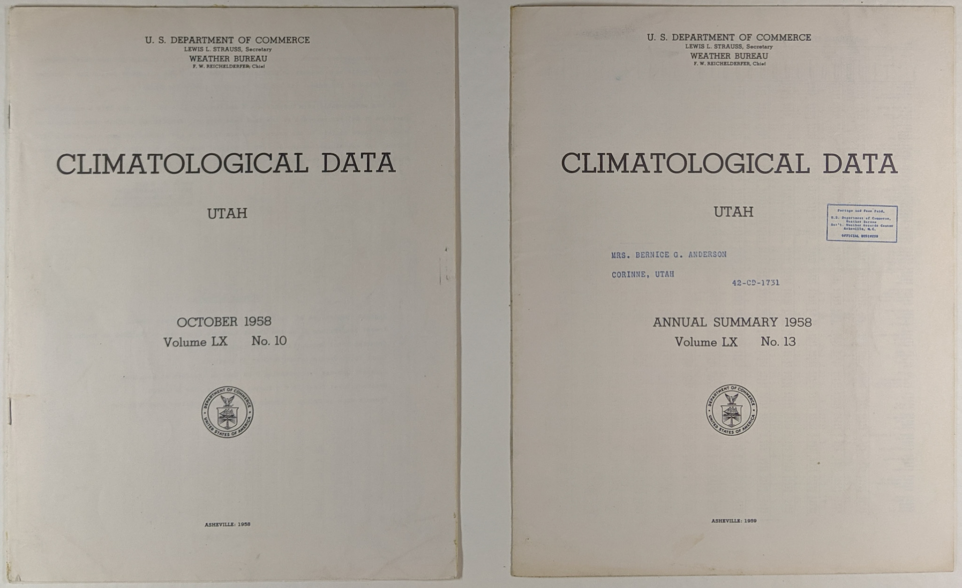Covers of Utah Climatological Data, Oct. 1958 & Annual Summary. Bernice Gibbs Anderson Collection, NPS