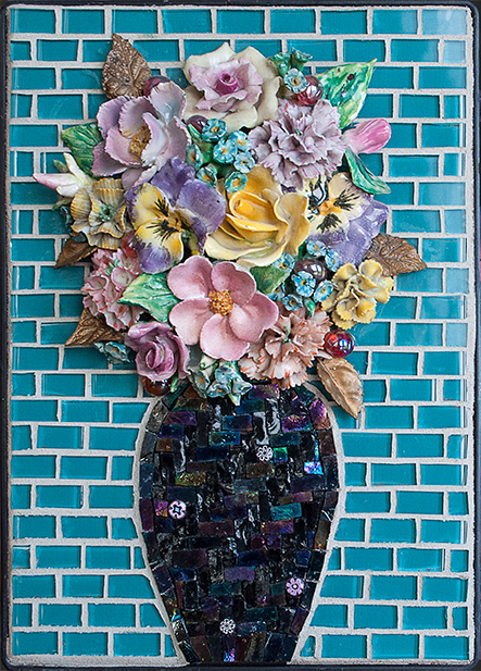 Untitled. 2015, 8" X 11 1/2" (12" X 14 1/2" with frame), NFS, Salvaged glass tiles, ceramic flowers and metal leaves, smalti, millefiori, glass bobbles.