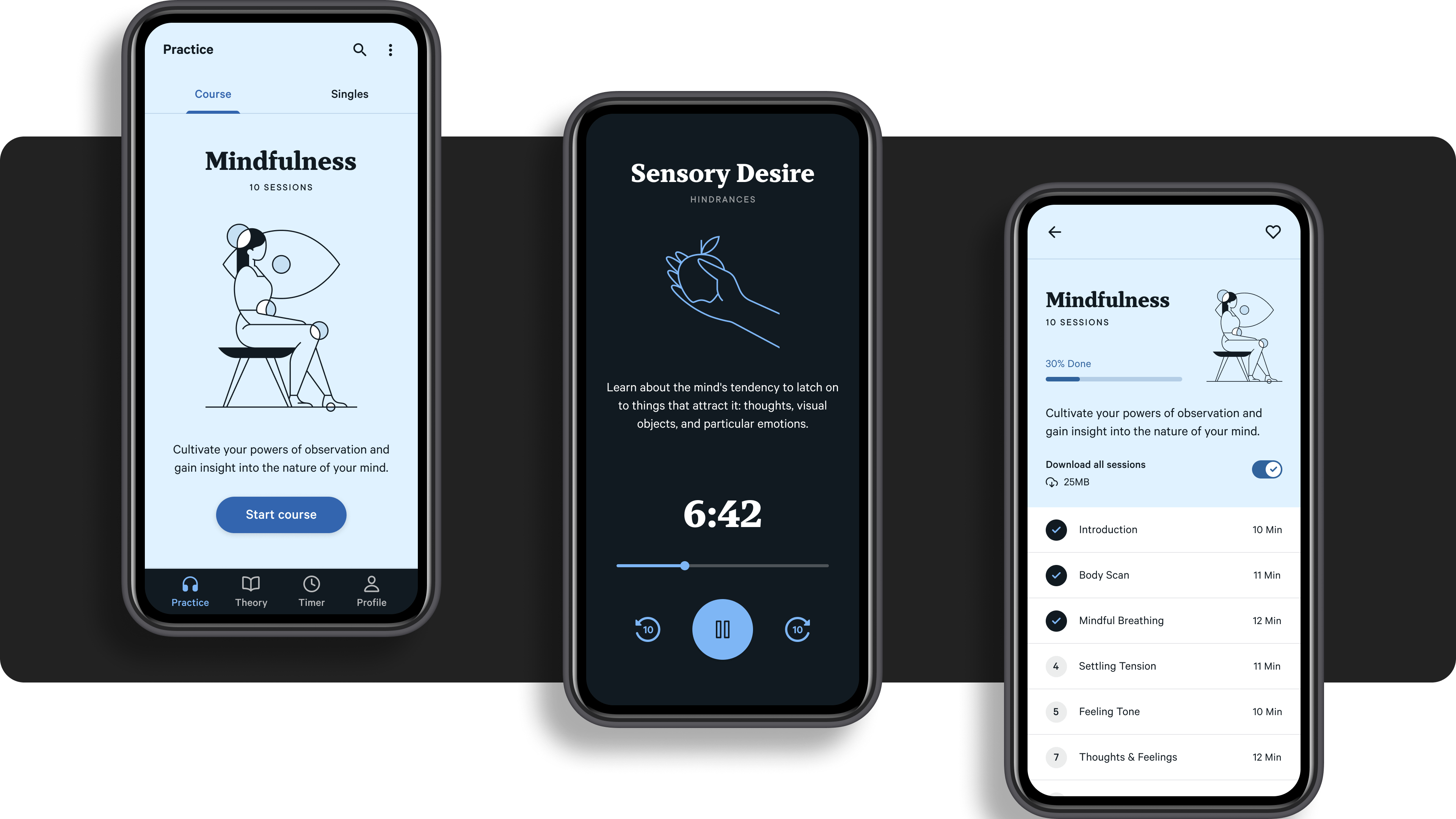 Meditation mobile app screens on mobile devices.