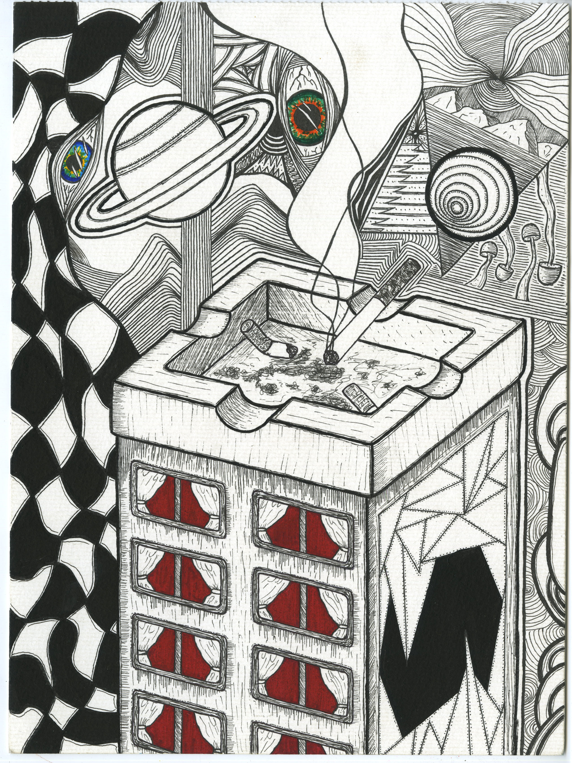Cosmic Ashes – Fine liners, Red Posca Pen, Coloured pens on paper A surreal piece of an ashtray on top of a building surrounded by planets and abstract elements.
