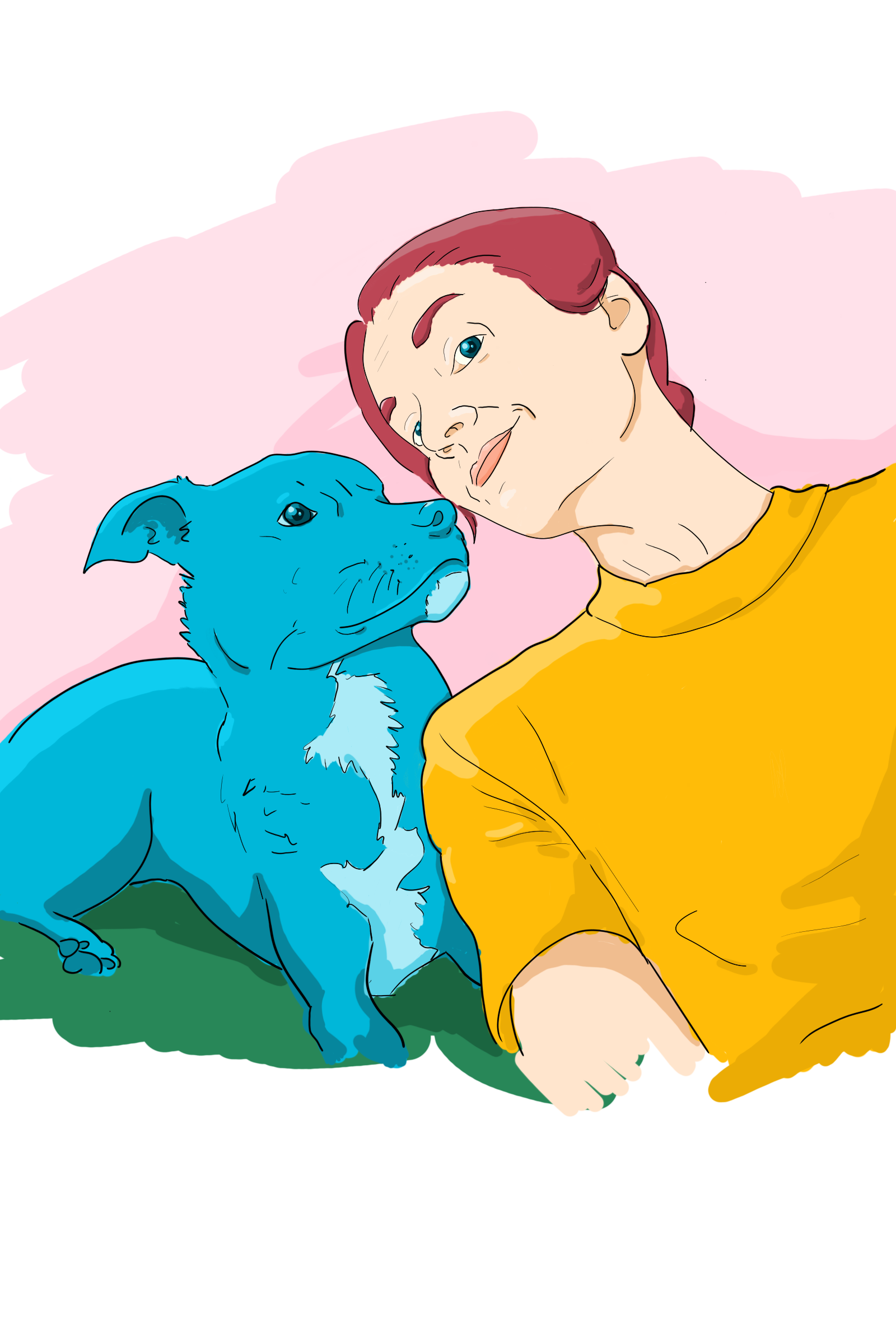 Digital, cell-shaded illustration of the artist leaning in to her dog, colored bright blue.
