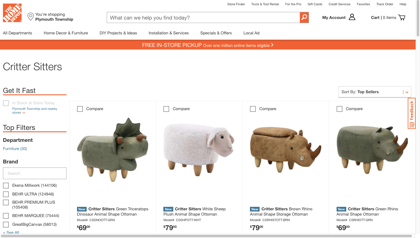 Screenshot of products on Home Depot's website