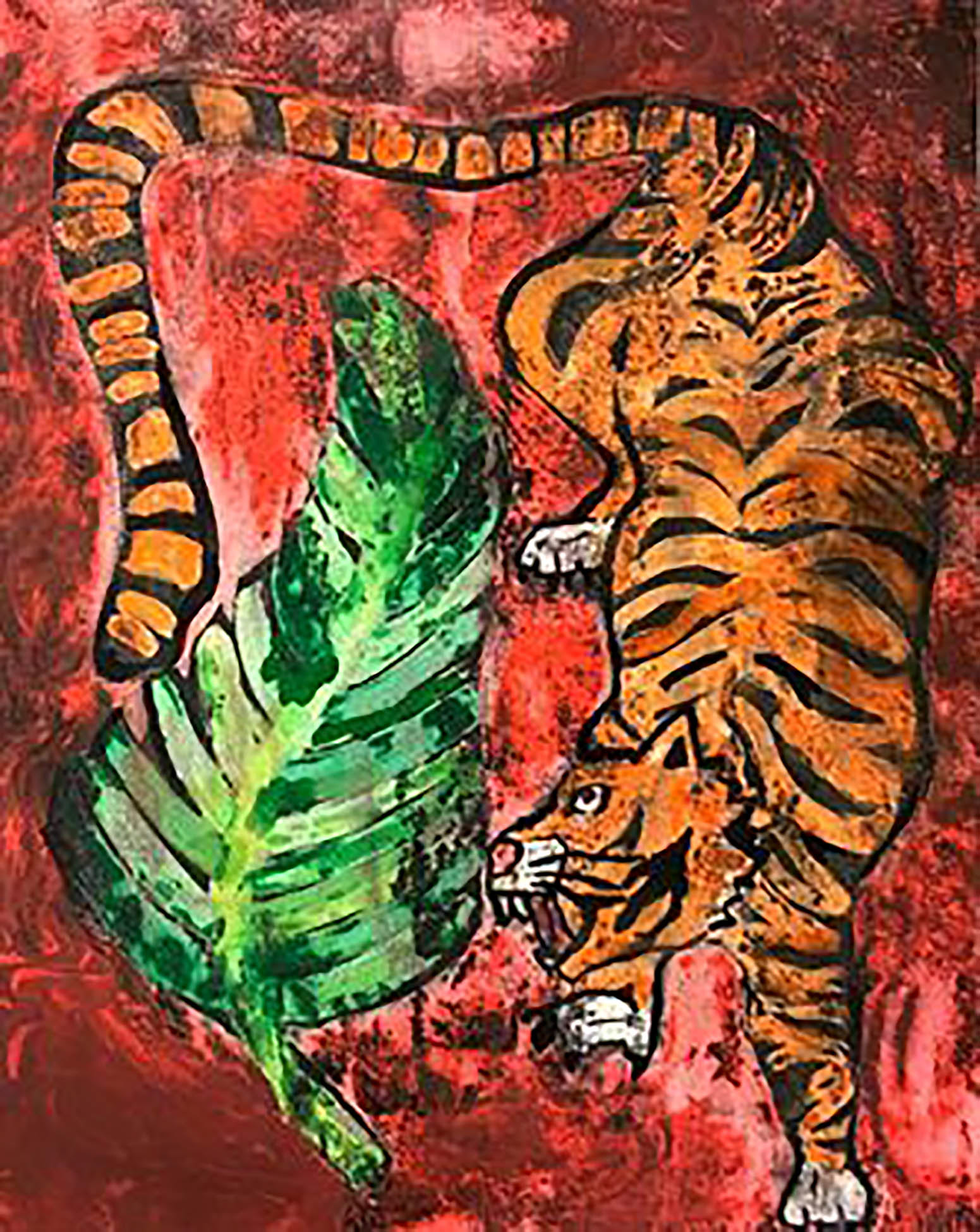 “In The Jungle”, Tempera paint and Ink on paper, Mackenzie Masters, West Jones High School