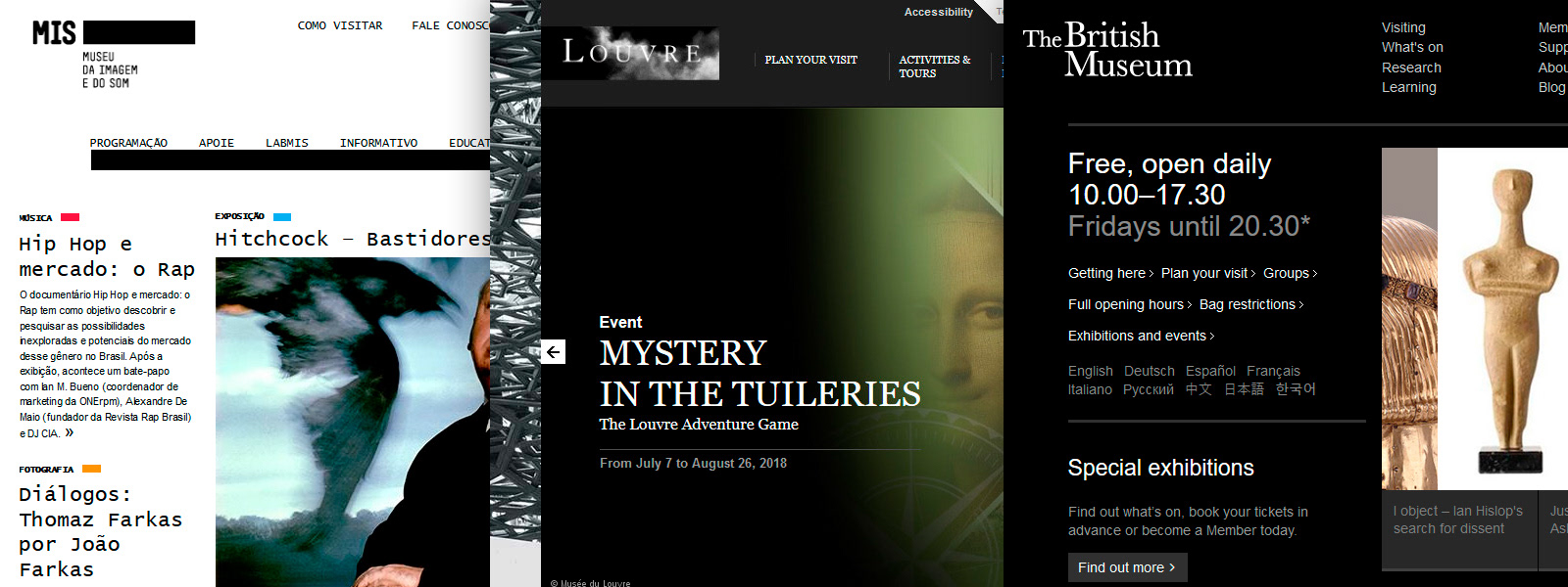 Screenshots from three museum websites: MIS, Louvre and British Museum.