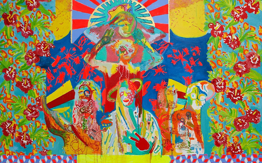 The Trialhood (A celebration of my friends Ethan, Zeb, Dena, Adrian, and Shelby - some of the people who made up The Trialhood group) - 2015 - 5x4' - acrylic, oil, and spray paint on canvas