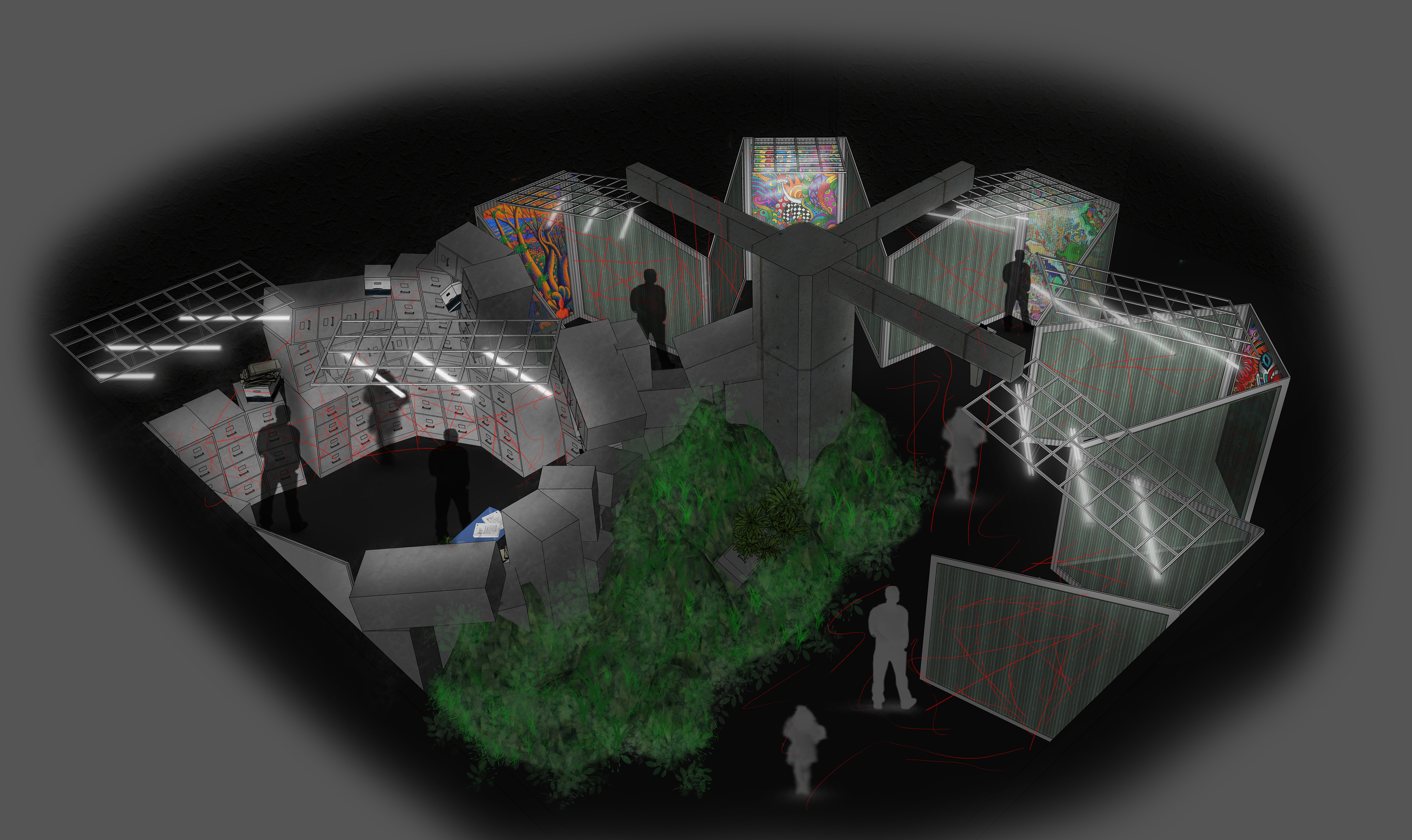 5 VR pods, corporate office design, healthy plants