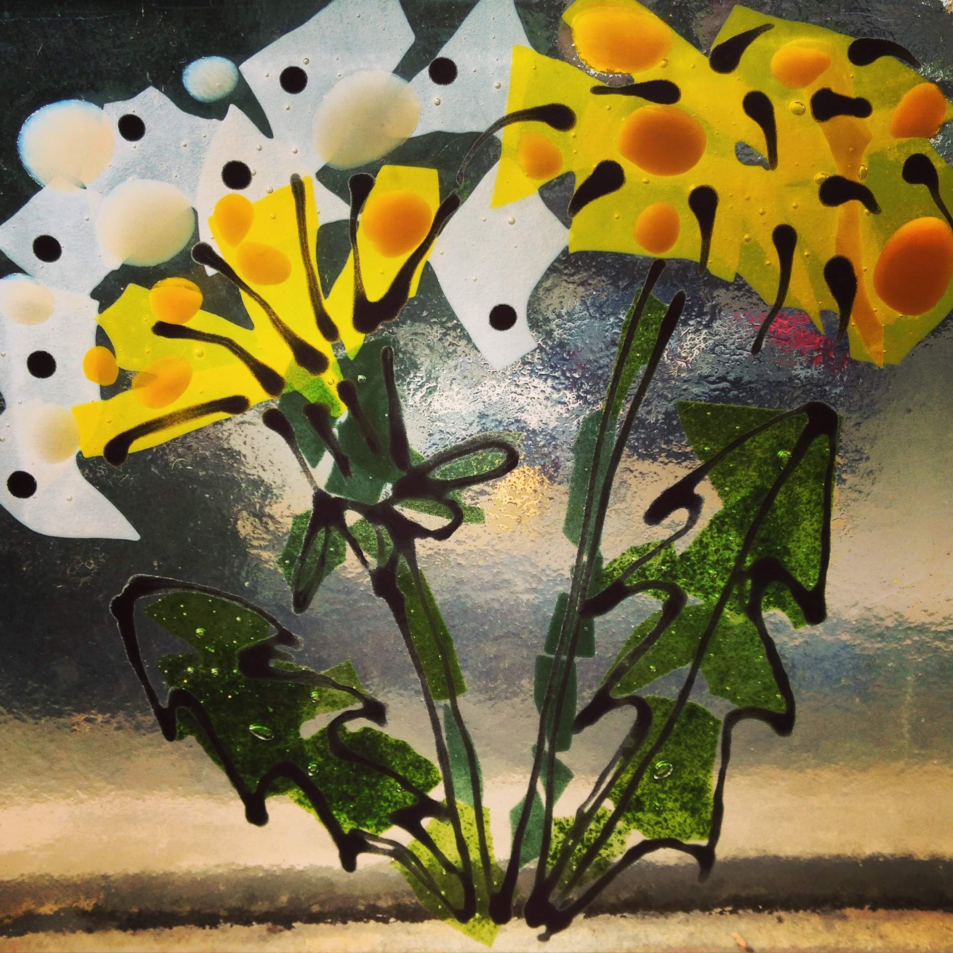 Stained Glass and Fused Glass set of plants. Hot glass kiln tiles. Dandelions. Glass paint, Glass confetti. Made at The Glass Garden