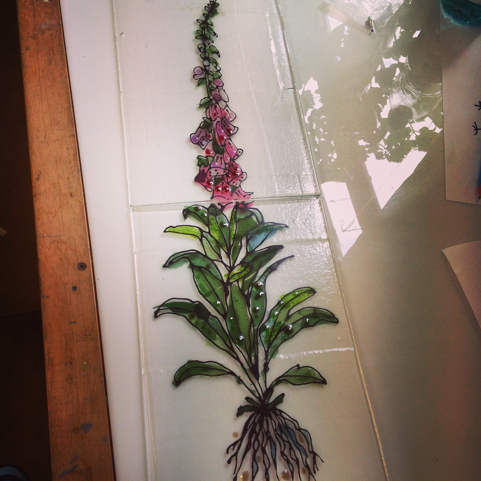 Stained Glass and Fused Glass set of plants. Hot glass kiln tiles foxglove before lead. Glass paint, Glass confetti. Made at The Glass Garden