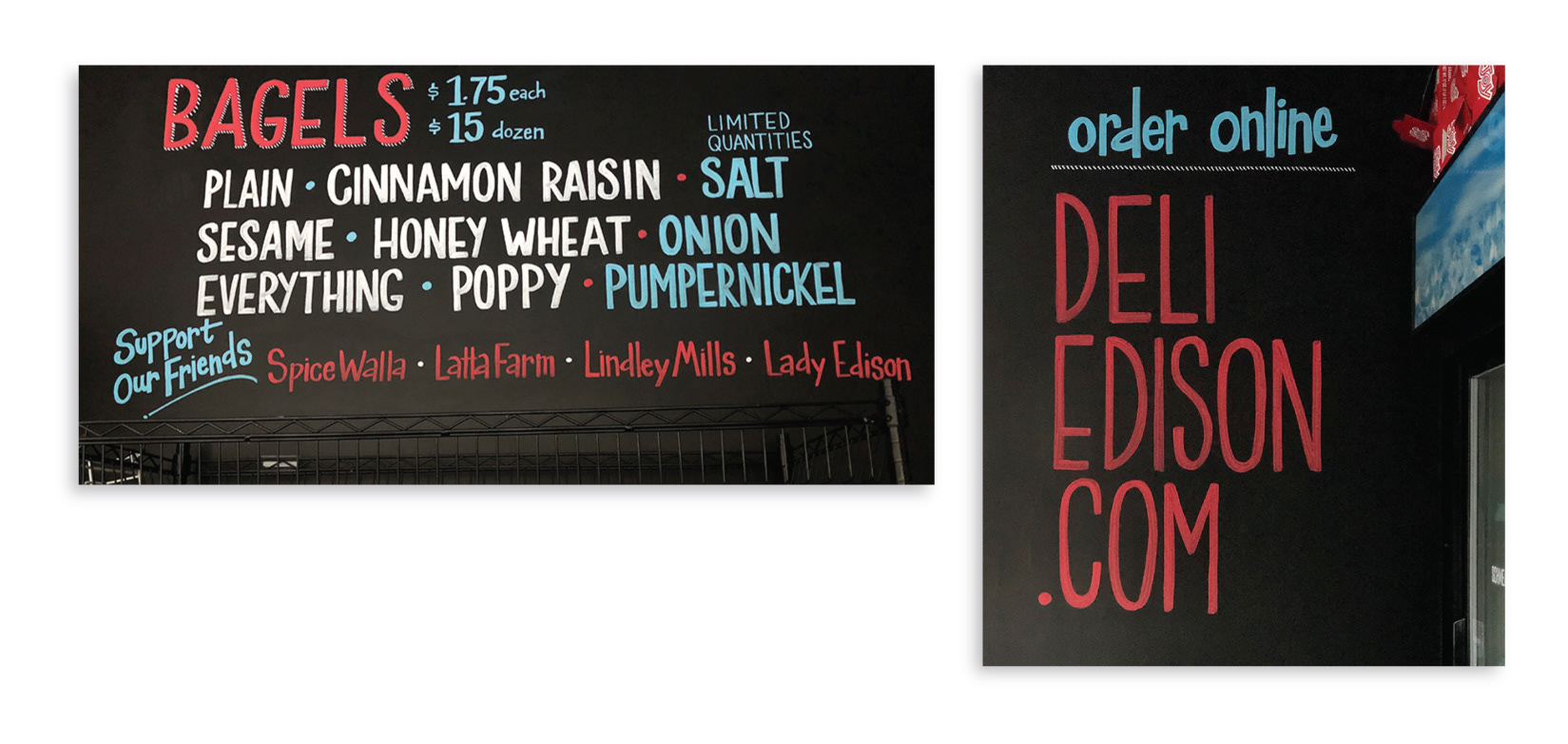 Deli Edison Hand Lettered Bagel Menu on the wall