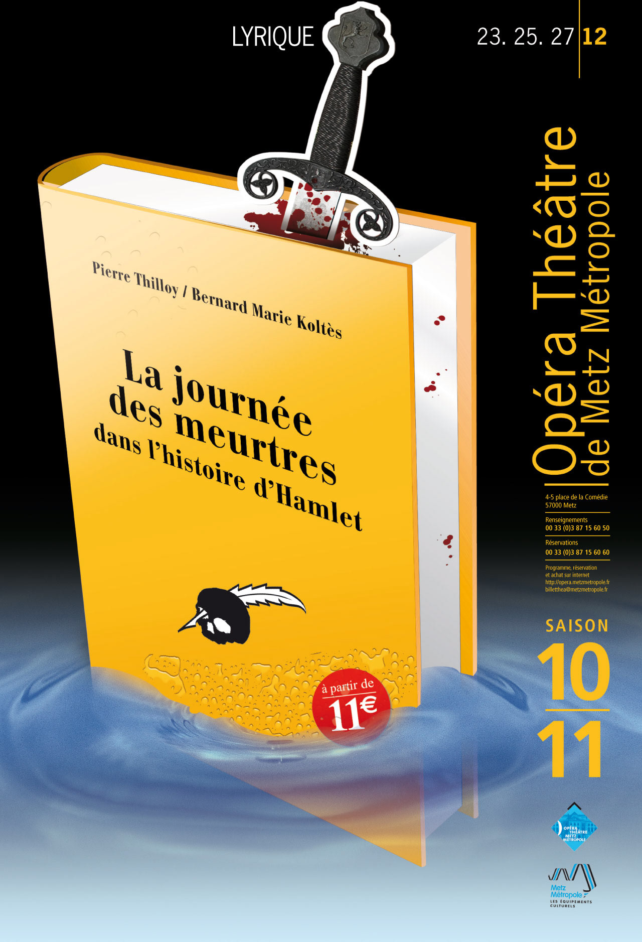 Meurtre, suicide, noyade, poison... dans la cellule familiale... le choix de l’arme du crime est vaste. C’est tout naturellement que nous avons choisi d’illustrer cette oeuvre avec un clin d’oeil à la célèbre collection “Le masque et la plume” qui devient pour l’occasion, le “crâne et la plume”. Le subterfuge est simple, sobre mais efficace. Le livre éclatant de couleur est mis en scène dans un univers sombre et glauque. Non content de se noyer dans les douves du château familial, il est poignardé par une dague “marque-page” glissée entre ses pages à un passage marquant de l’oeuvre... Les textes sont rassemblés sur le côté droit du visuel en harmonie de couleur avec le livre, rappelant la forme verticale d’un marque-page. La saison est mentionnée en clin d’oeil à la façon 10-18...