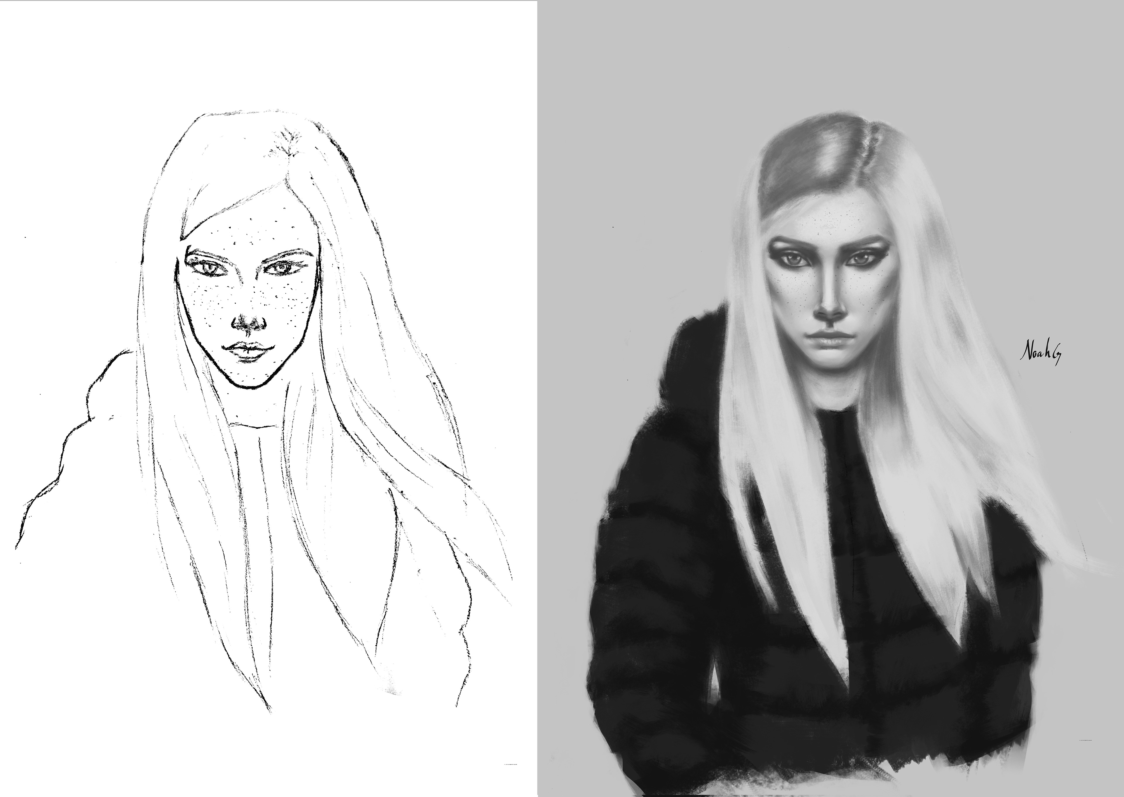 This is just a character concept I have made. Her name is Elizabeth, why? I don’t know… I’m not good with names! I wanted to showcase you guys what could be the characters of my “Merging Phoenix” work in one of my former posts by showing you the concept art to one of them. I will challenge myself to show you all the rest of the character concepts for each one and with color. I included the sketch stage to final rendering stage.