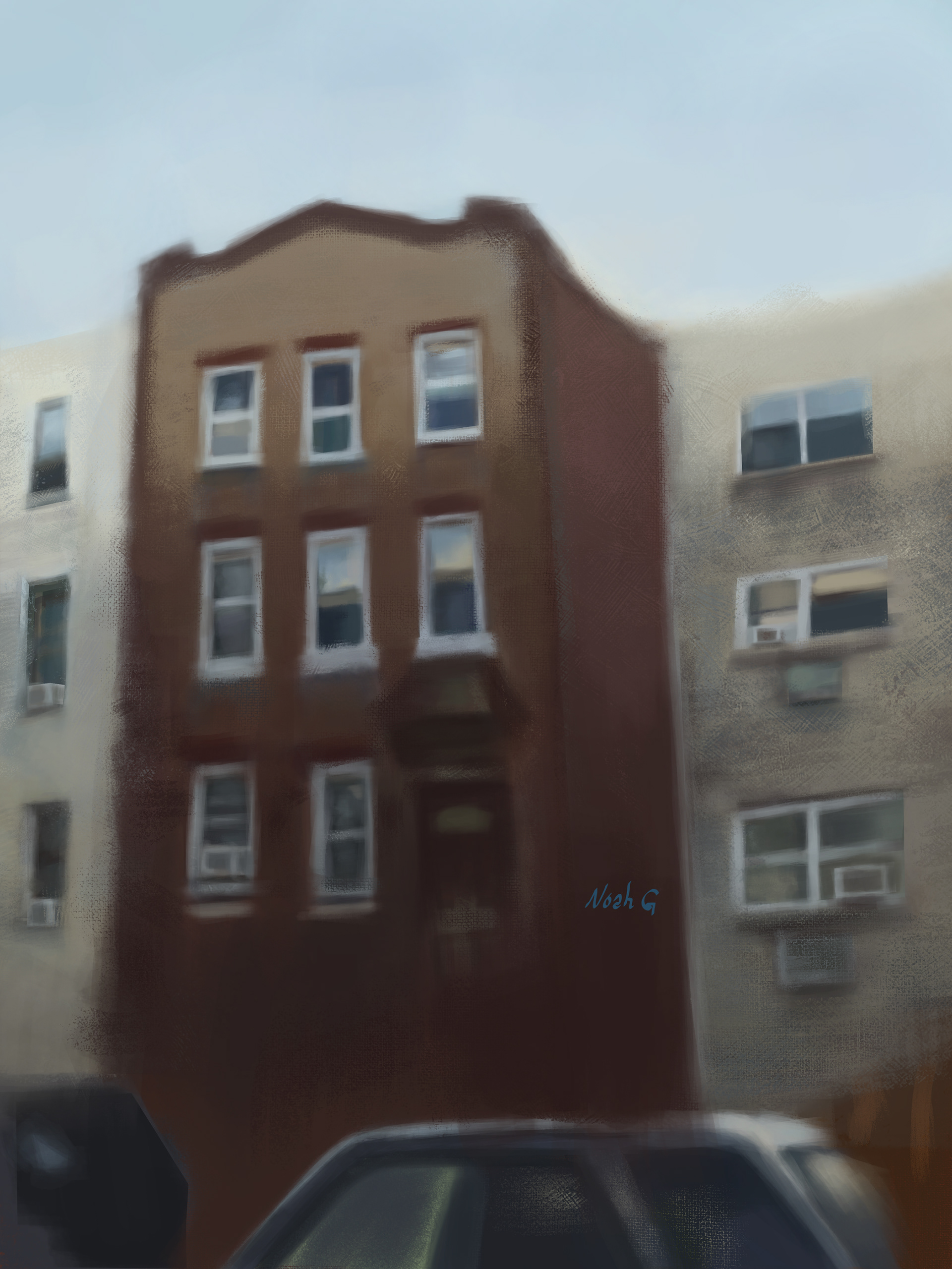 “GanGreene. "I encountered many stumbling blocks in this process that I want to share as big tips so you guys DON’T do this: 1) Do not overcomplicate.Simplify the things you see so your paintings can better convey the message you are trying to achieve. 2) Don’t add too much detail where it doesn’t need to be. In this case, every brick, window plane, etc. It causes a big distraction and loses the focal point for your audience.