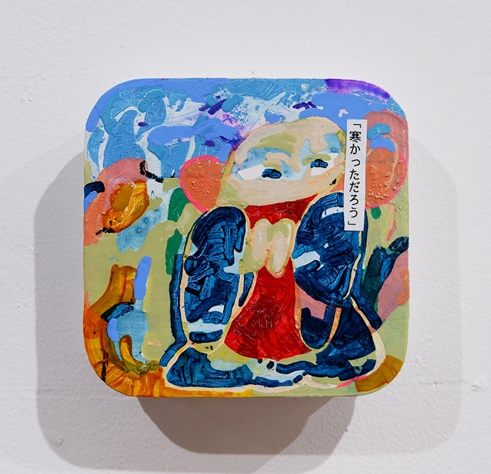 No.8 / title : 青い地蔵 / artist : 内田 百合香 / medium : パネル、アクリル、油彩、透明水彩、ペン、新聞紙 / year : 2021 / size : W95×H95×D20mm / SOLD OUT