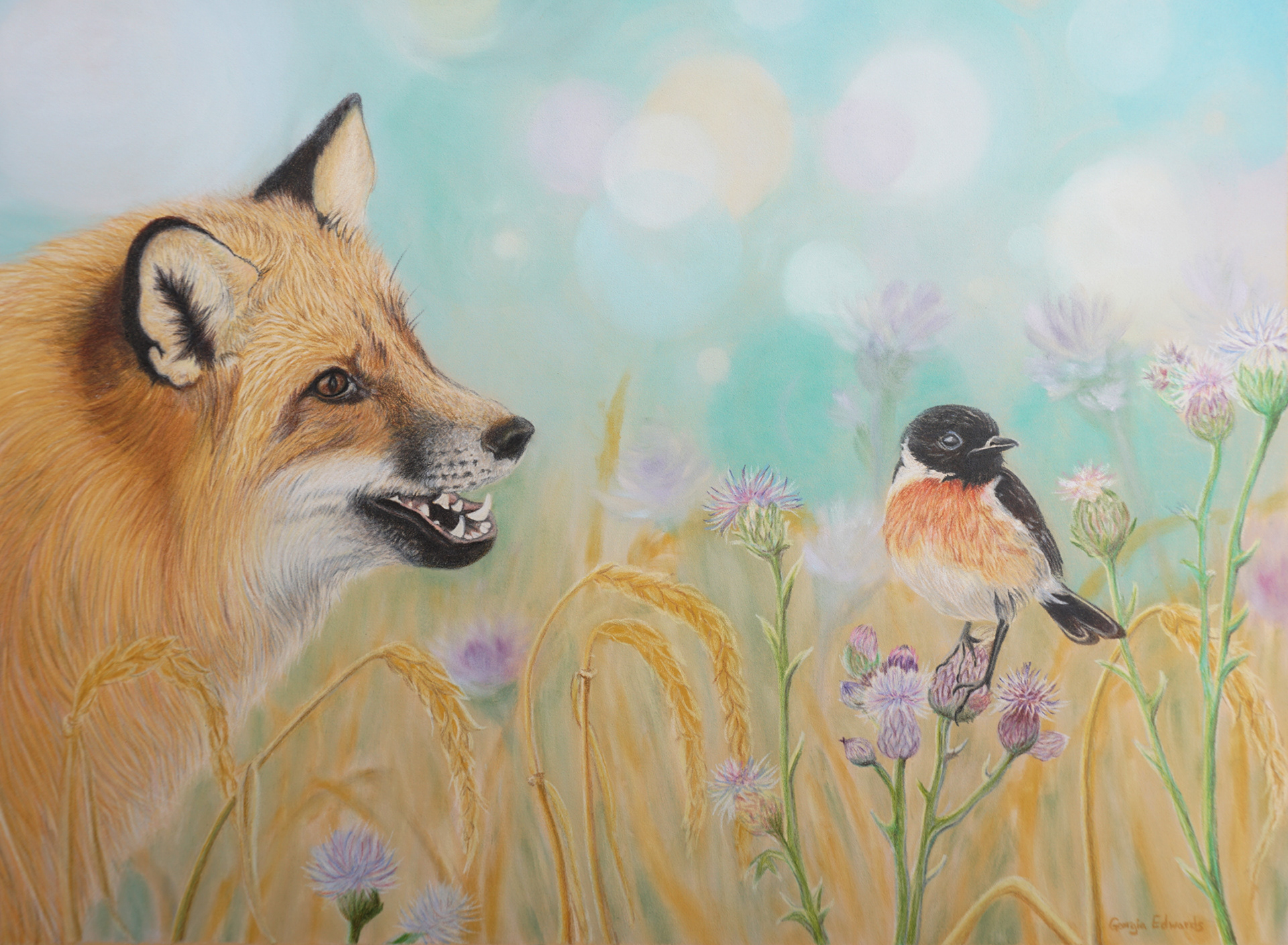fox painting, original art, Georgia Edwards Art, Soul Sound Creative, pastel painting, wildlife art, dreamy art, Vancouver Island Artist, Fox and bird art