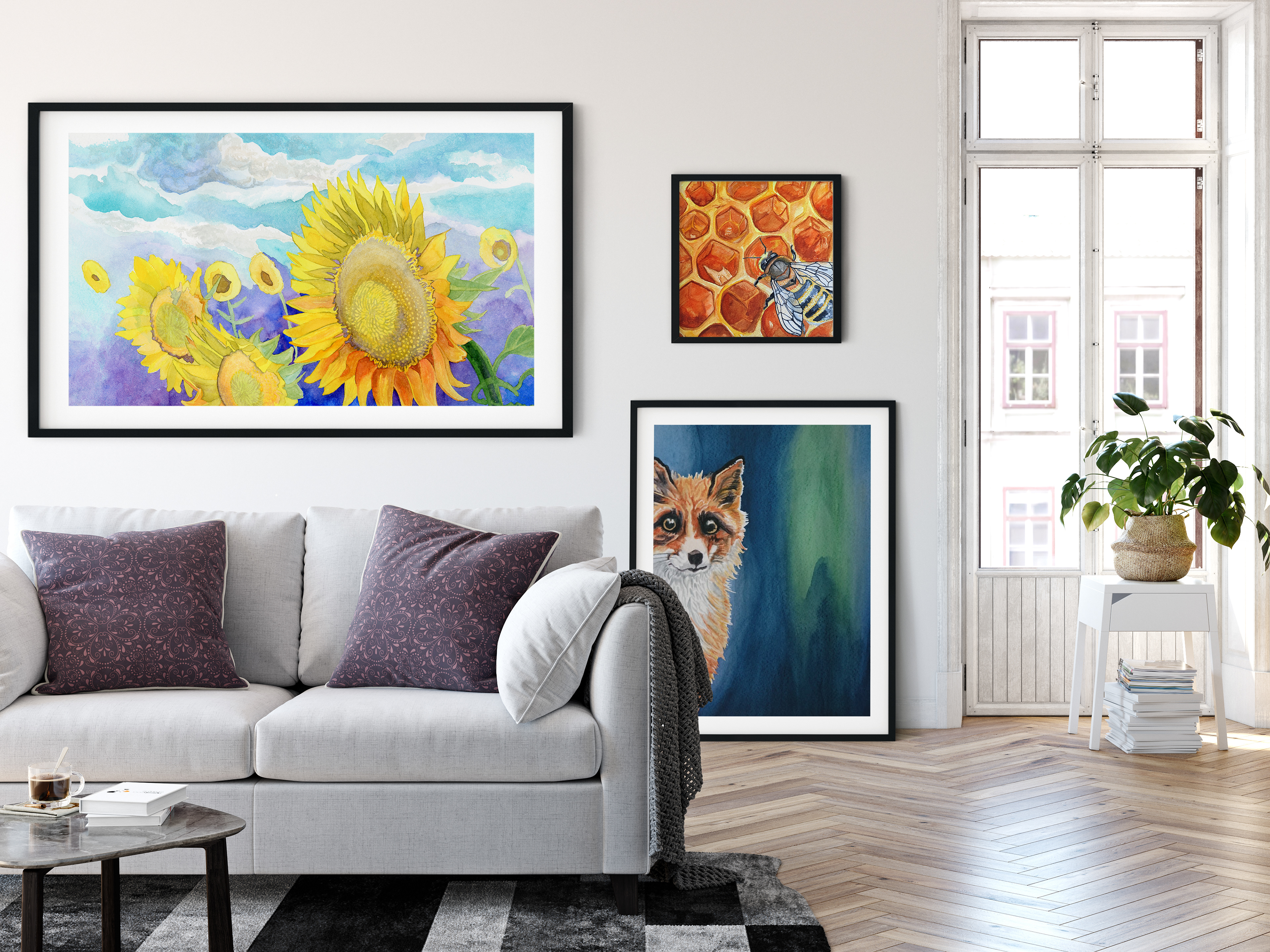 sunflower print, sunflower giclee, flower art, bee print, bee painting, bee giclee, honey bee art, honey bee wall decor, Georgia Edwards Art, Soul Sound Creative