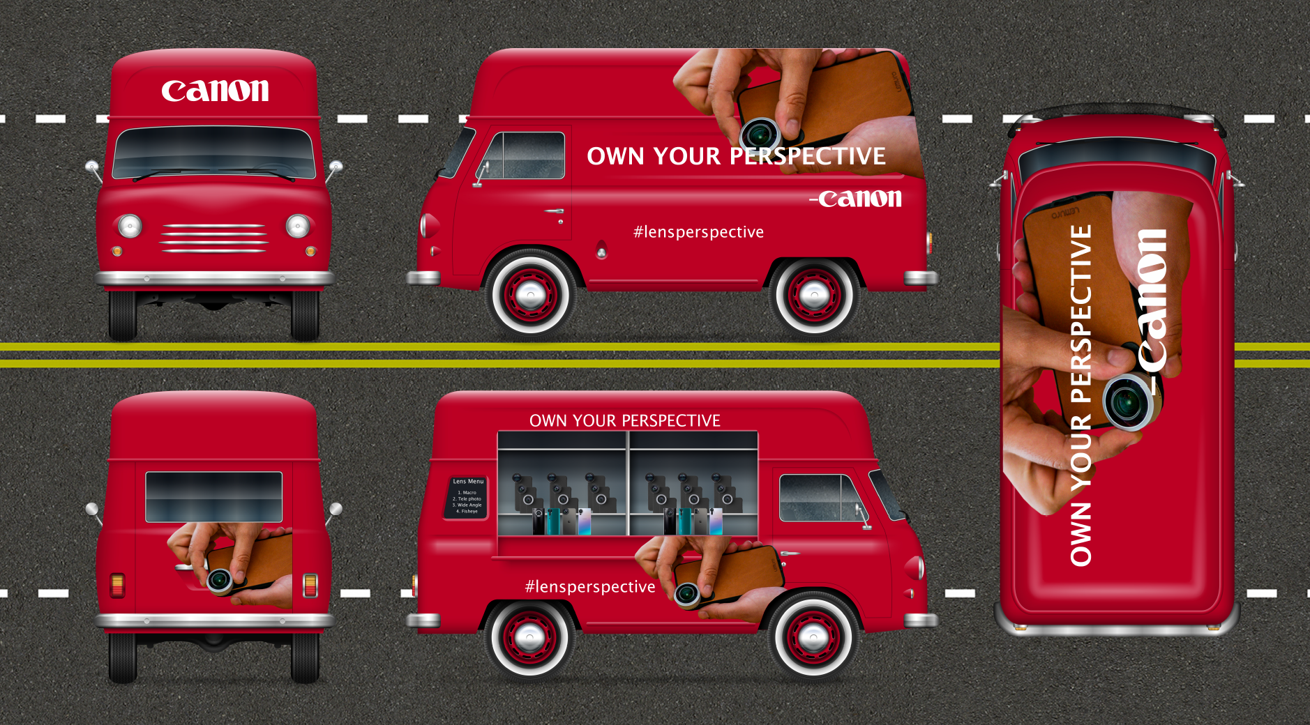Personalized truck selling lenses (around the world at tourist locations)