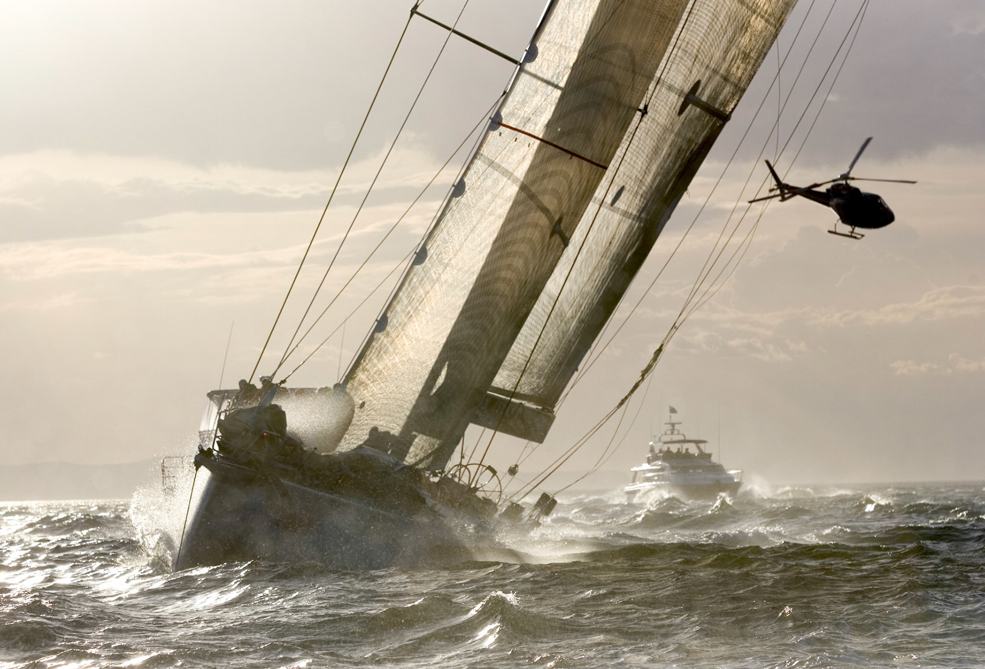 Wild Oats skippered by Mark Richards approaching Hobart on her way to being first across the finish line in the 2005 Sydney Hobart Yacht Race.