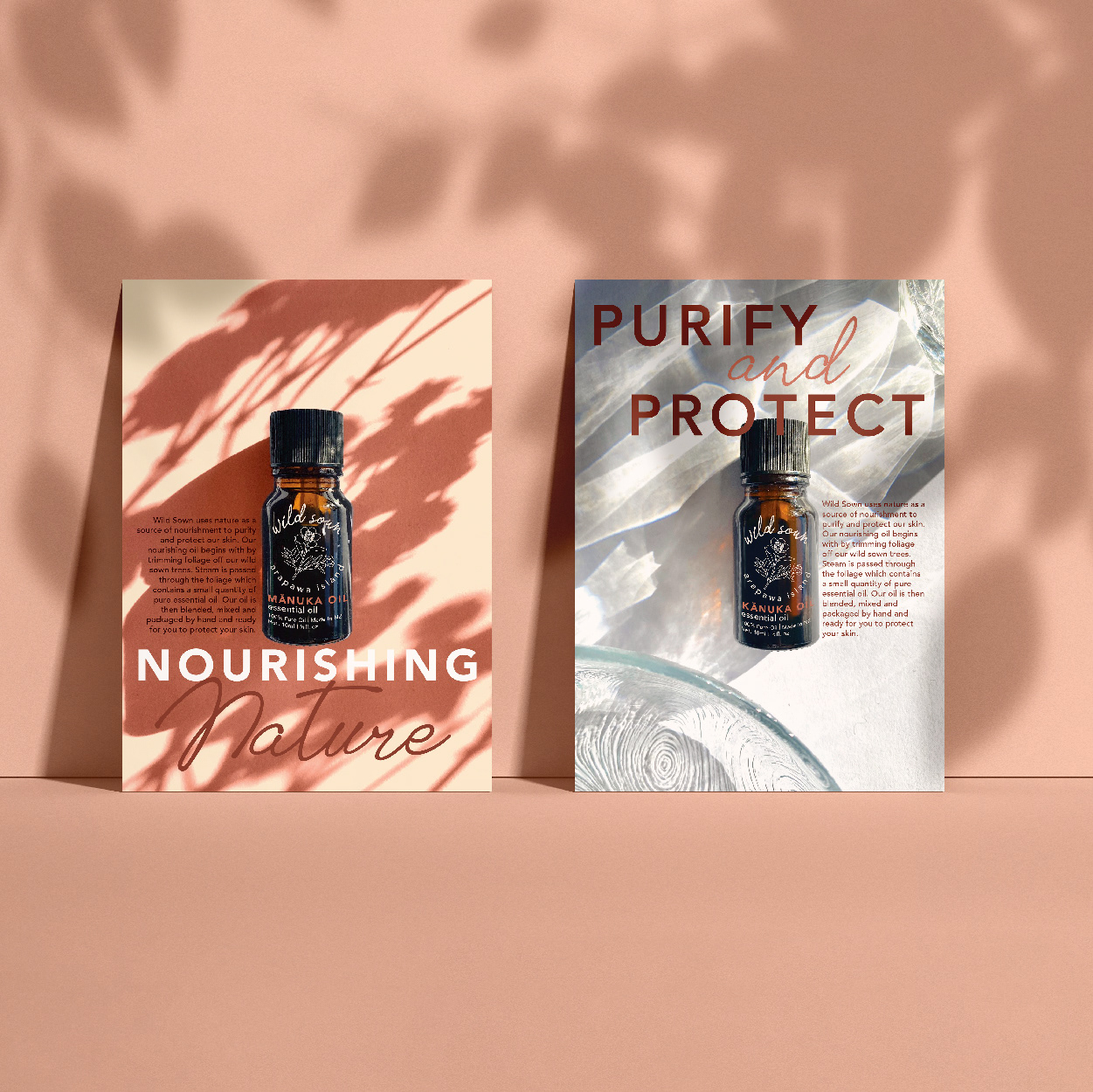 Wild Sown is a rebrand for Arapoa Island Manuka Oil which is a completely natural product that has been produced in a natural environment using sustainable methods at every stage of the process. I wanted to show this through the design by showcasing their oils and having them be the focal point for the posters.