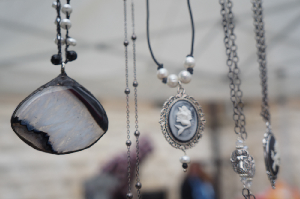 More necklaces hang from Debra Hanson’s tent.