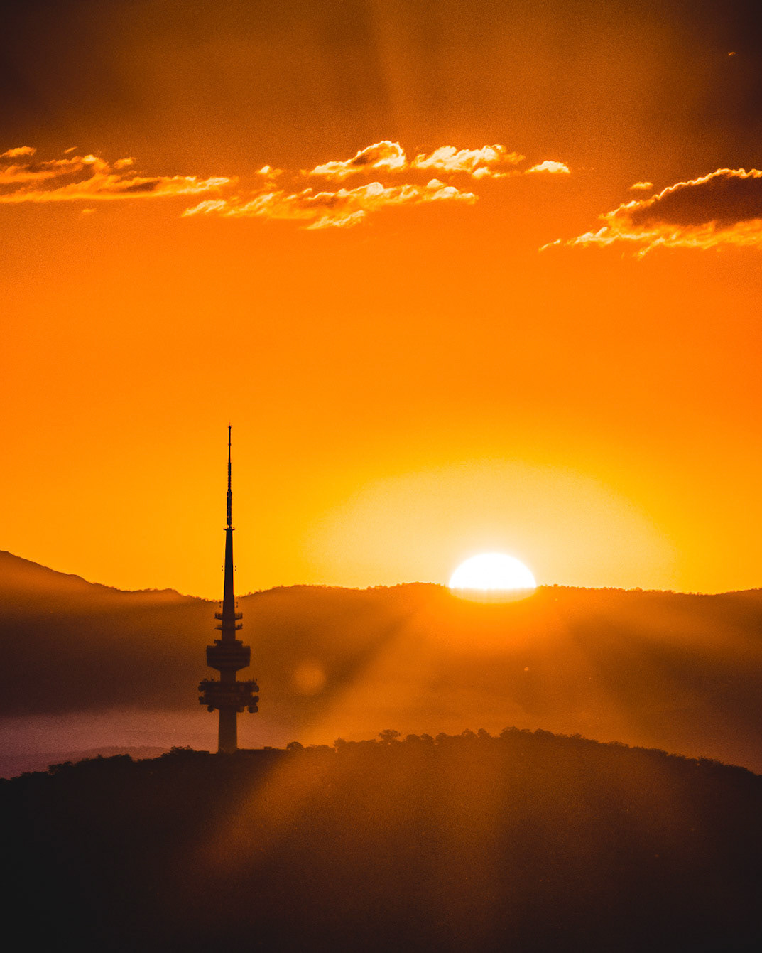 - Sunset over the tower from Mount Ainslie....