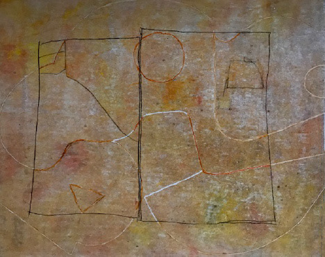 Golden Dog Days (2018) Woodblock and mixed media, 15 1/2 x 19 ½ inches