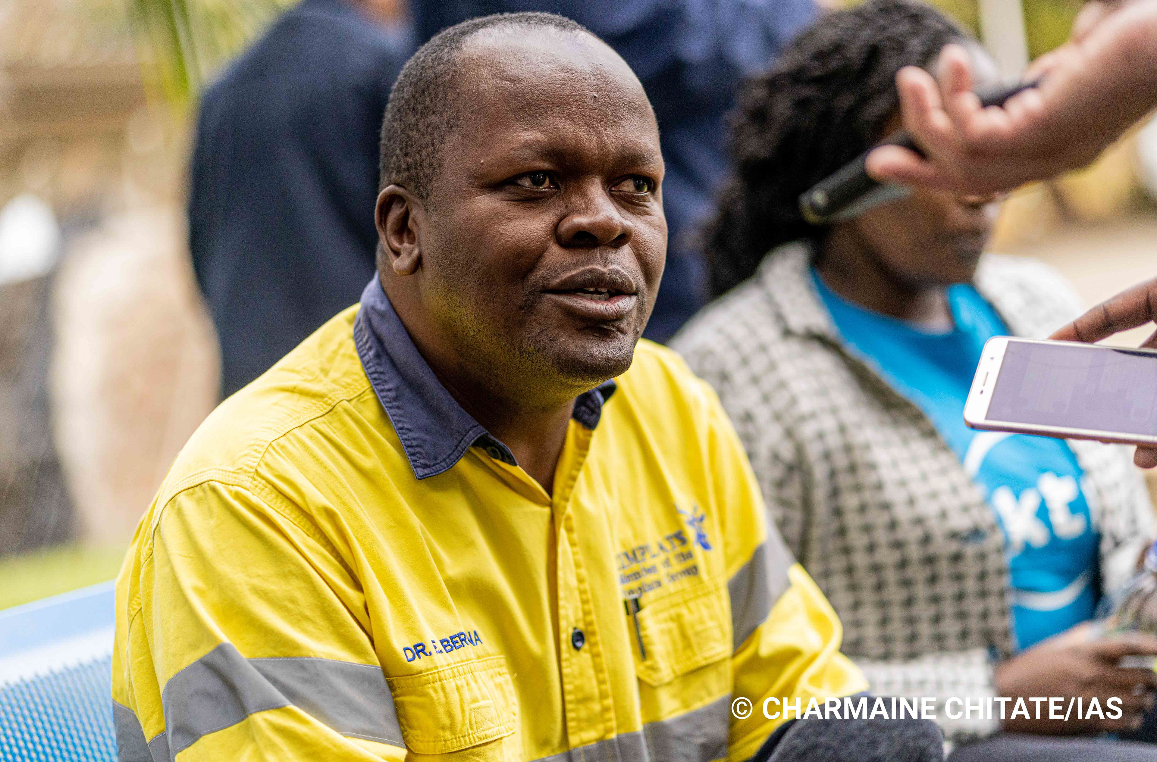Dr. Edmond Berejena, a Medical Officer at ZIMPLATS, is interviewed by journalists at Ngezi Medical Clinic during a recent Media Tour organised by the International AIDS Society in collaboration with The Union office in Zimbabwe. (Photographer: Charmaine Chitate/IAS)