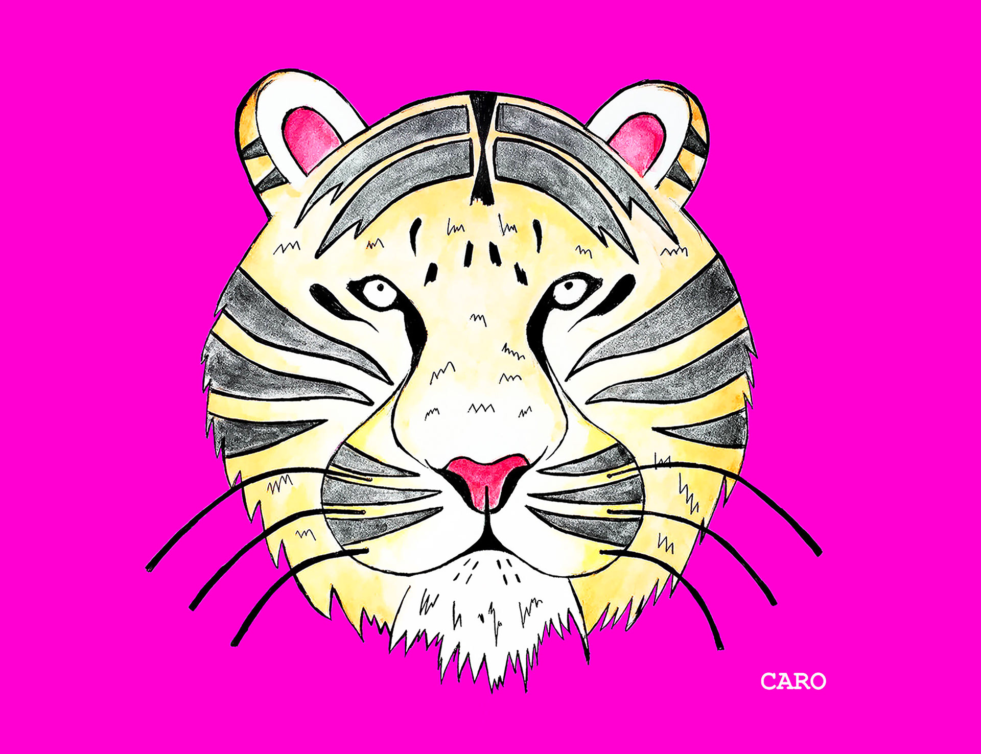 Tiger Cartoon (Digital), drawn with ballpoint pen and water-based coloured pencils on A4 card paper, rendered on Adobe Photoshop, 2015, 2016, 2017