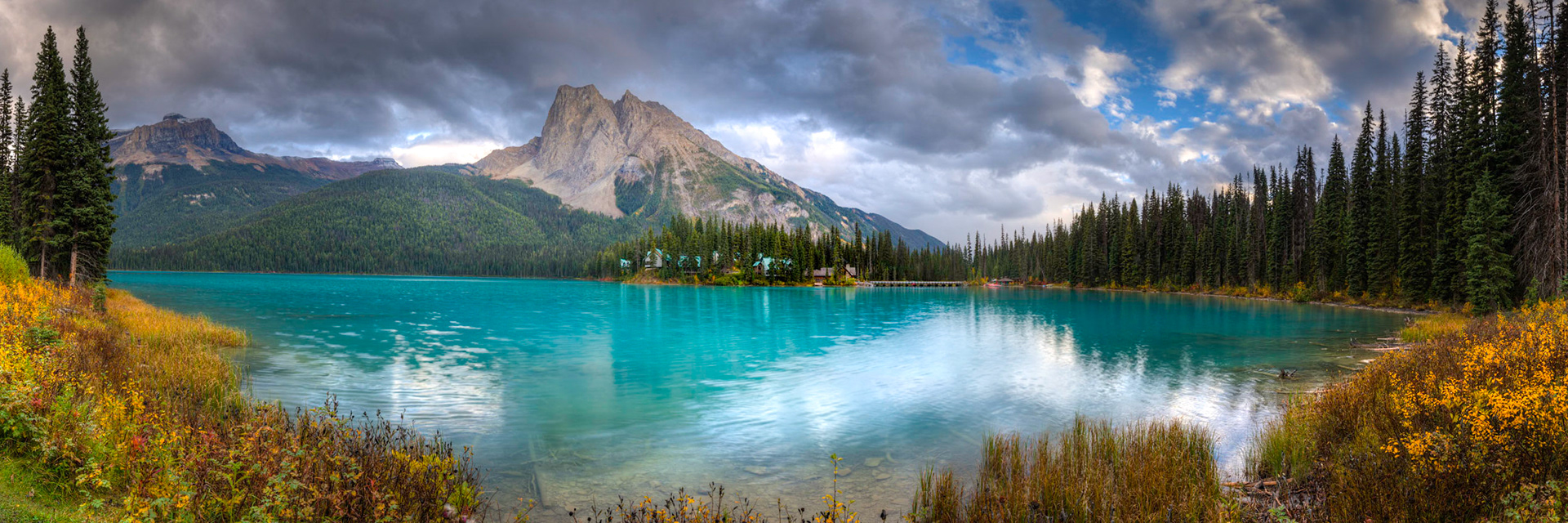 Emerald Lake, looking toward Mount Burgess and the Emerald Lake Lodge.Yoho National ParkBritish Columbia, CanadaSeptember 18, 2016This is an HDR panoramic image consisting of 7 frames comprised of 5 exposures each. HDR processing performed in Photomatix Pro.  Panoramic stitching performed in Photoshop. Additional processing performed in Lightroom and Photoshop.PENTAX K-1, HD PENTAX-D FA 15-30mm F2.8ED SDM WRISO 100 25 mm  ¹⁄₁₀ sec at ƒ / 16