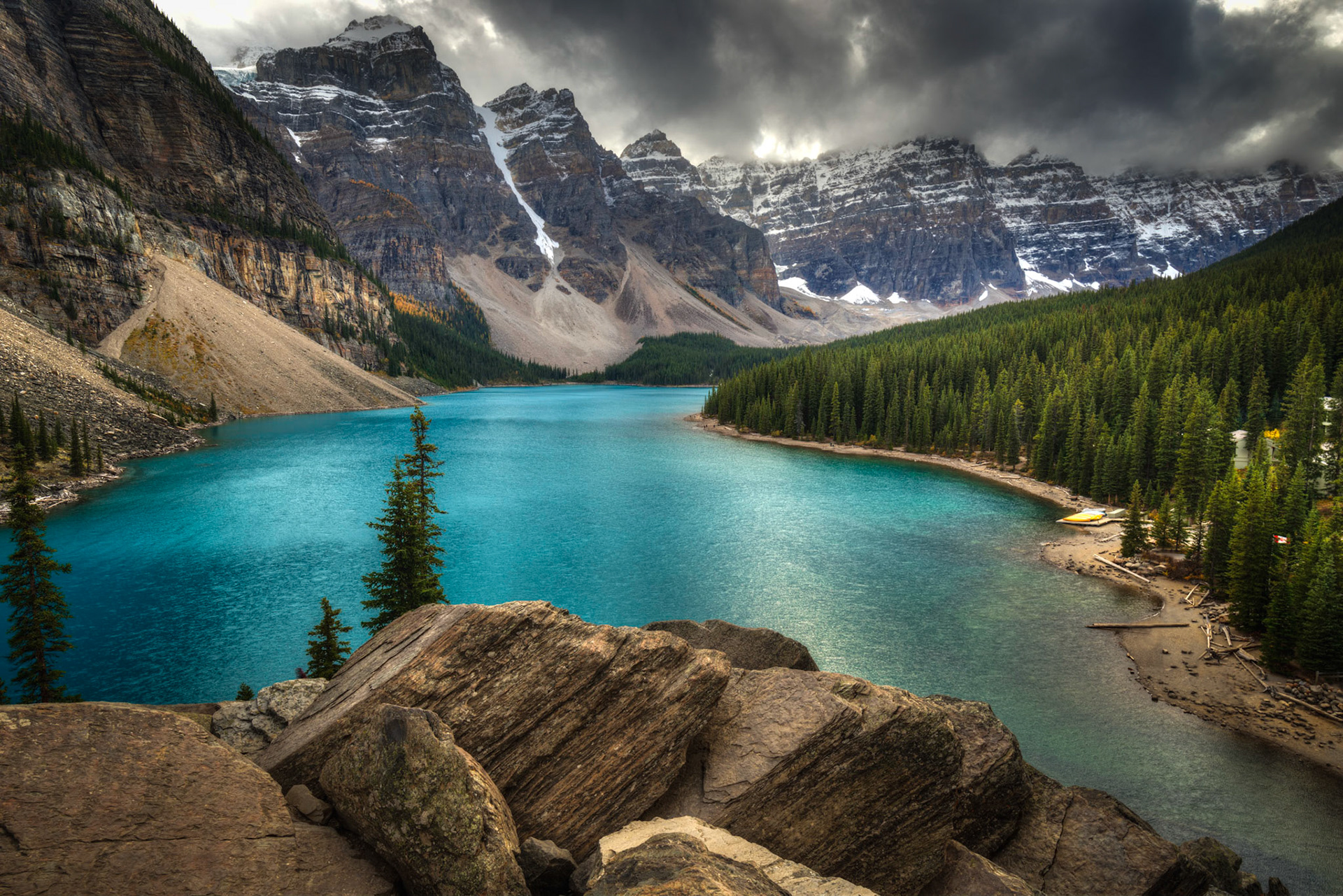 Moraine Lake, and the valley of Ten Peaks.  Improvement District No. 9, Alberta, CanadaSeptember 19, 2016This is an HDR image consisting of 5 exposures merged in Photomatix Pro. Additional processing in Lightroom and Photoshop.PENTAX K-1, HD PENTAX-D FA 15-30mm F2.8ED SDM WRISO 100 21 mm  ¹⁄₈₀ sec at ƒ / 16