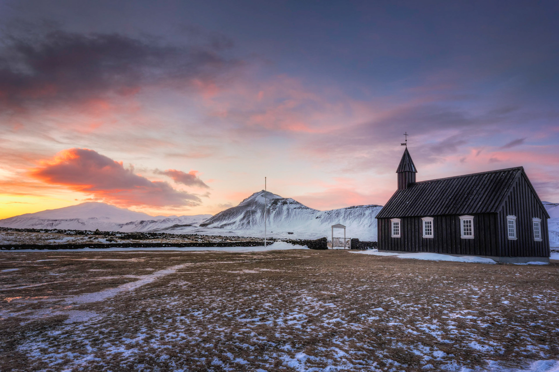Sunset at Buðirkirkja, western Iceland.SnæfellsnesVesturland, IcelandFebruary 6, 2016This is an HDR image consisting of 5 exposures merged in Photomatix Pro. Additional processing in Lightroom and Photoshop.PENTAX K-3, Sigma 10-20mm f/4-5.6 EX DCISO 100 15 mm  ⅕ sec at ƒ / 16