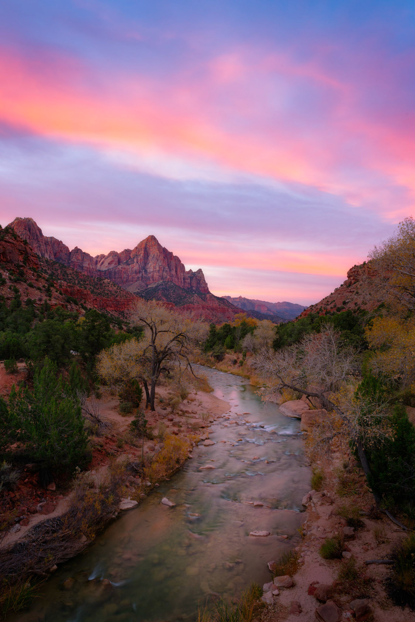 Clouds above the Watchman and the Virgin River illuminated by the rising sun.  Zion National ParkUtahNovember 14, 2017PENTAX K-1, HD PENTAX-D FA 24-70mm F2.8ED SDM WRISO 100 24 mm  4.0 sec at ƒ / 11