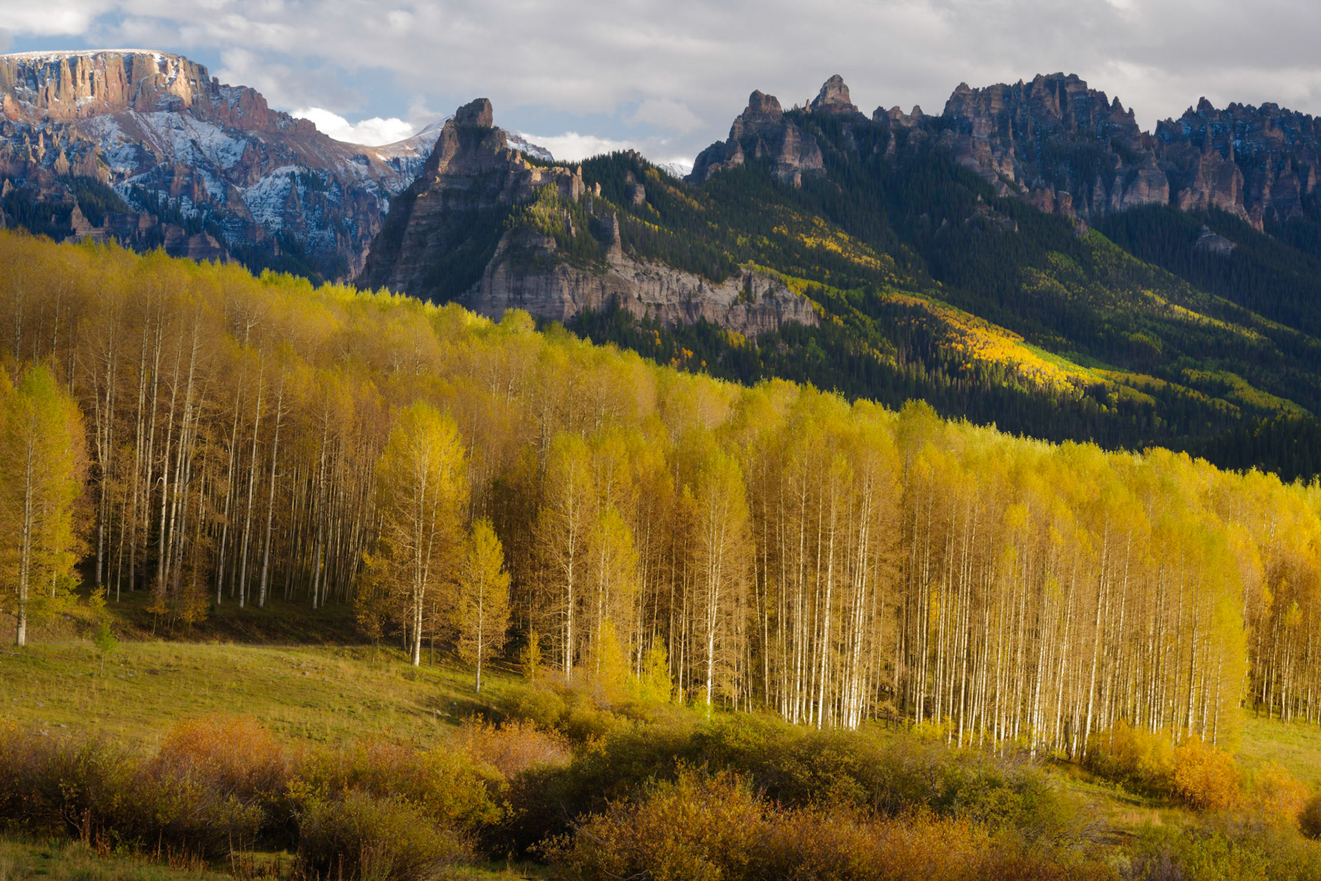 Aspens in the Cimmaron River valley below Pinnacle Ridge.  San Juan Mountains.Uncompahgre National ForestColoradoSeptember 28, 2017PENTAX K-1, TAMRON 28-300mm F3.5-6.3 Ultra zoom XRISO 100 73 mm  0.5 sec at ƒ / 16