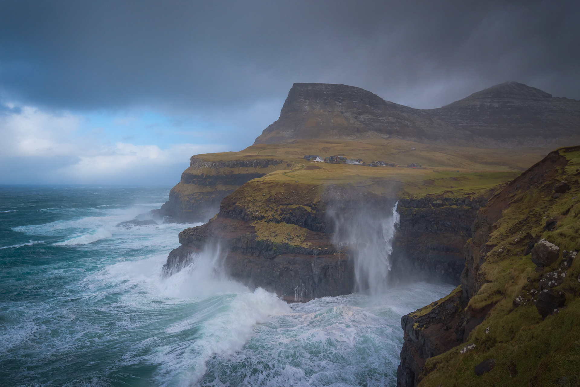 Mûlafossar, and the village of GasadalurVágar, Faroe IslandsMarch 21, 2019Pentax K-1, HD PENTAX-D FA 15-30mm F2.8ED SDM WR