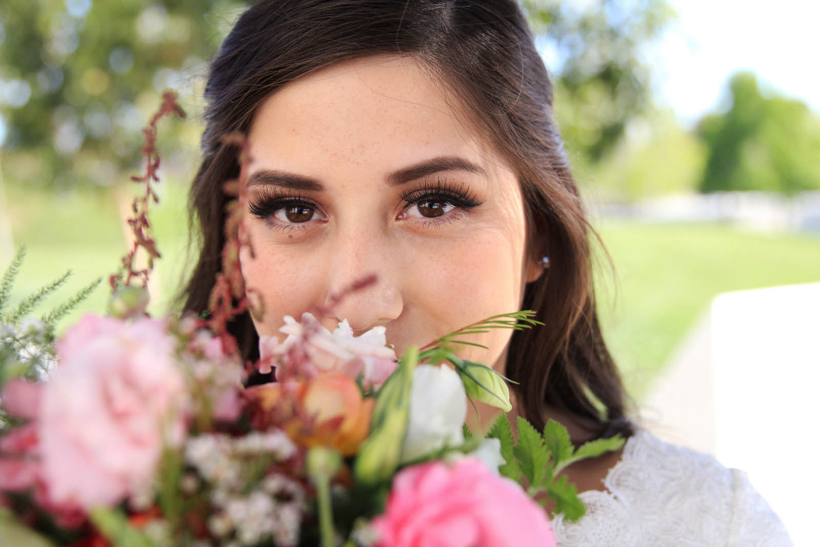 Close-up of bride with flowers at LDS Mormon wedding
