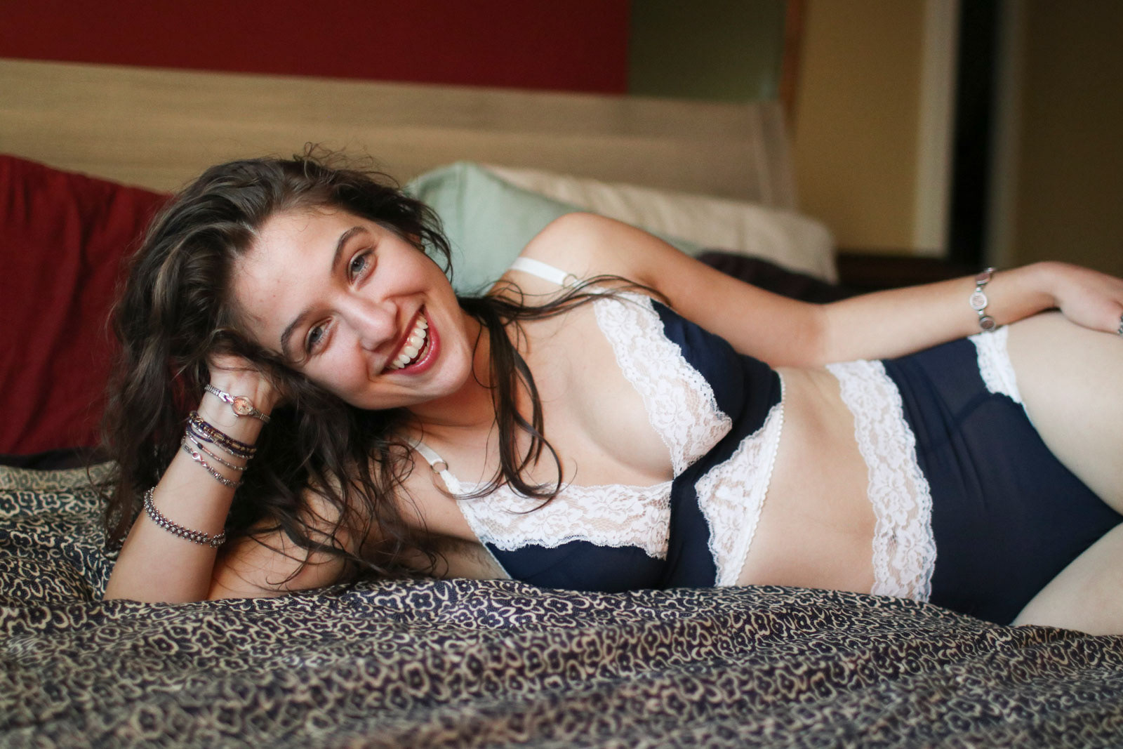 Model wearing set of lingerie made by Tova Lis