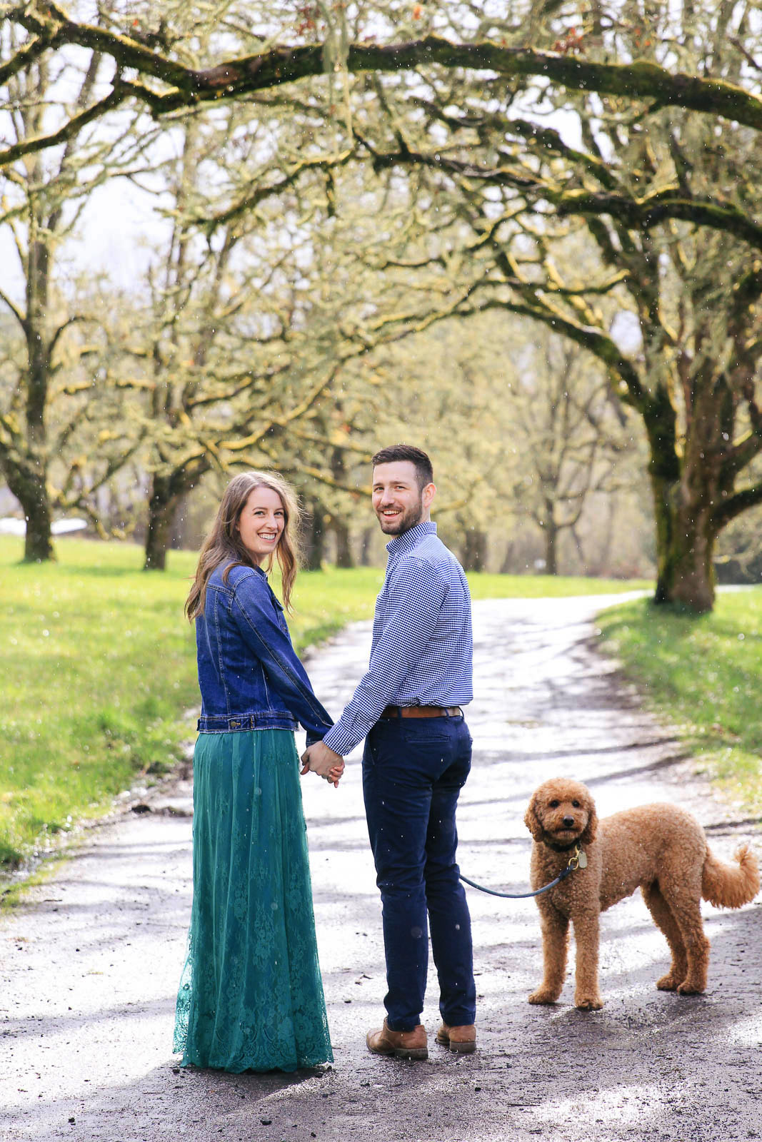 Young couple holding hands in park with dog