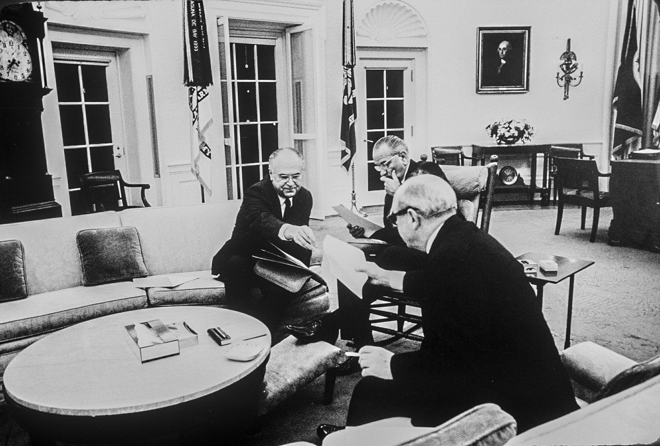 Soviet Ambassador Anatoly Dobrynin (left) presents a peace proposal for Viet Nam, October 21, 1967.