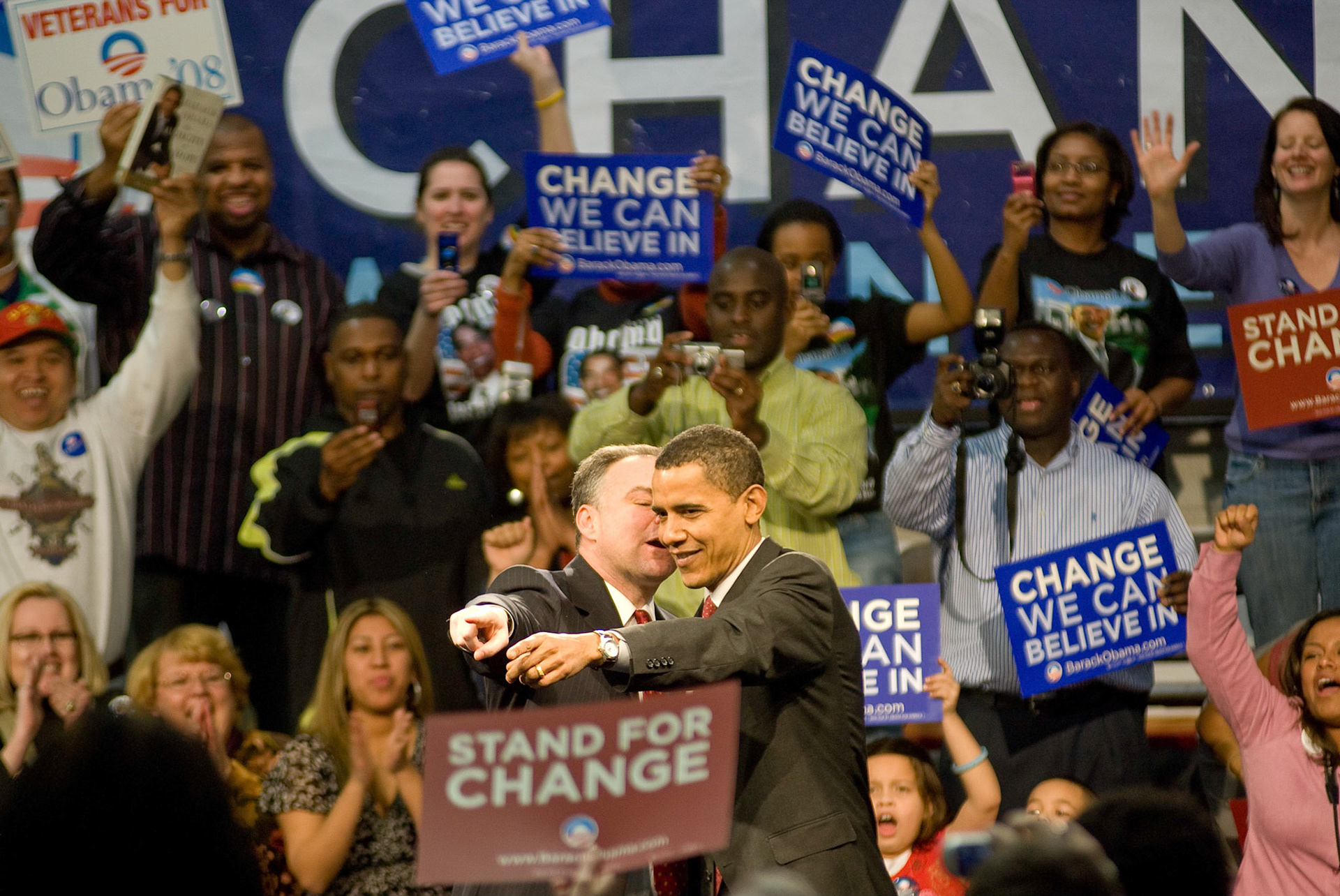 Governor Tim Kaine and Senator Obama after the governor introduced the Senator at a rally at T.C. Williams High School, February 10, 2008.